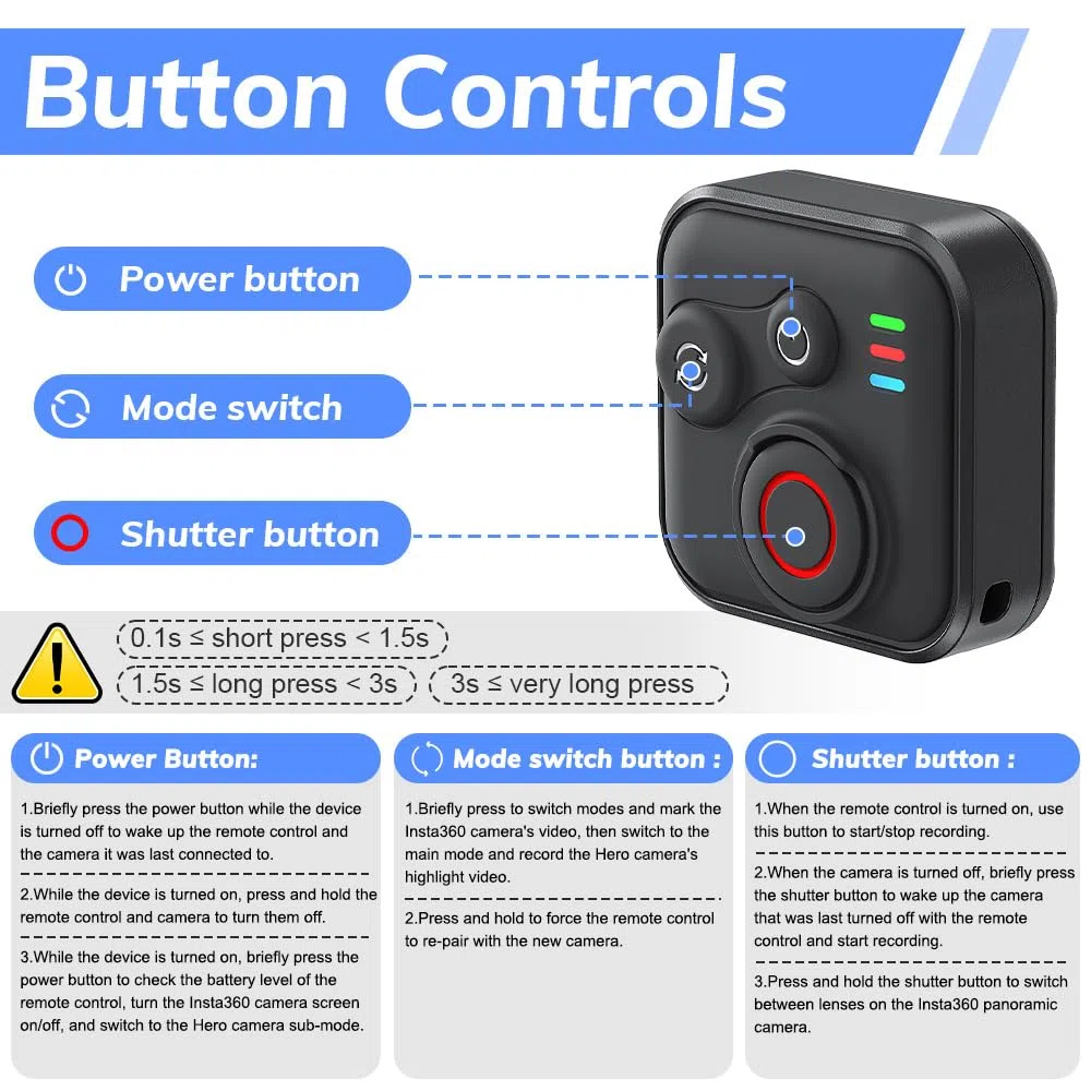 Bluetooth Fernbedienung für Insta360 X5/X4/X3/Ace Pro/Ace Pro 2/GO3S/GO3/GoPro/ONE R/RS/Hero 11/12/13/IOS/Android Smartphone, SGZIOO 50m Reichweit, 96h Ausdauer, Wasserdicht mit Handschlaufe