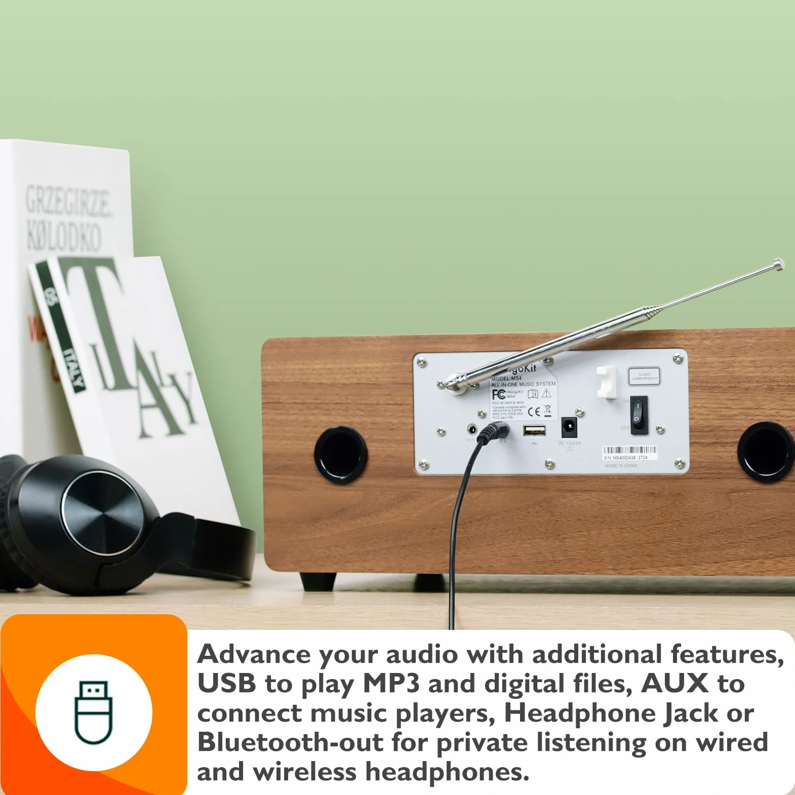 MS4 CD Player DAB Radio HiFi System I Dab Radio mit Bluetooth IStereoanlage Kompaktanlage IAkustisches Holzgehäuse I CD Player mit Lautsprechern I 40 Presets,Kopfhöreranschluss I Walnuss