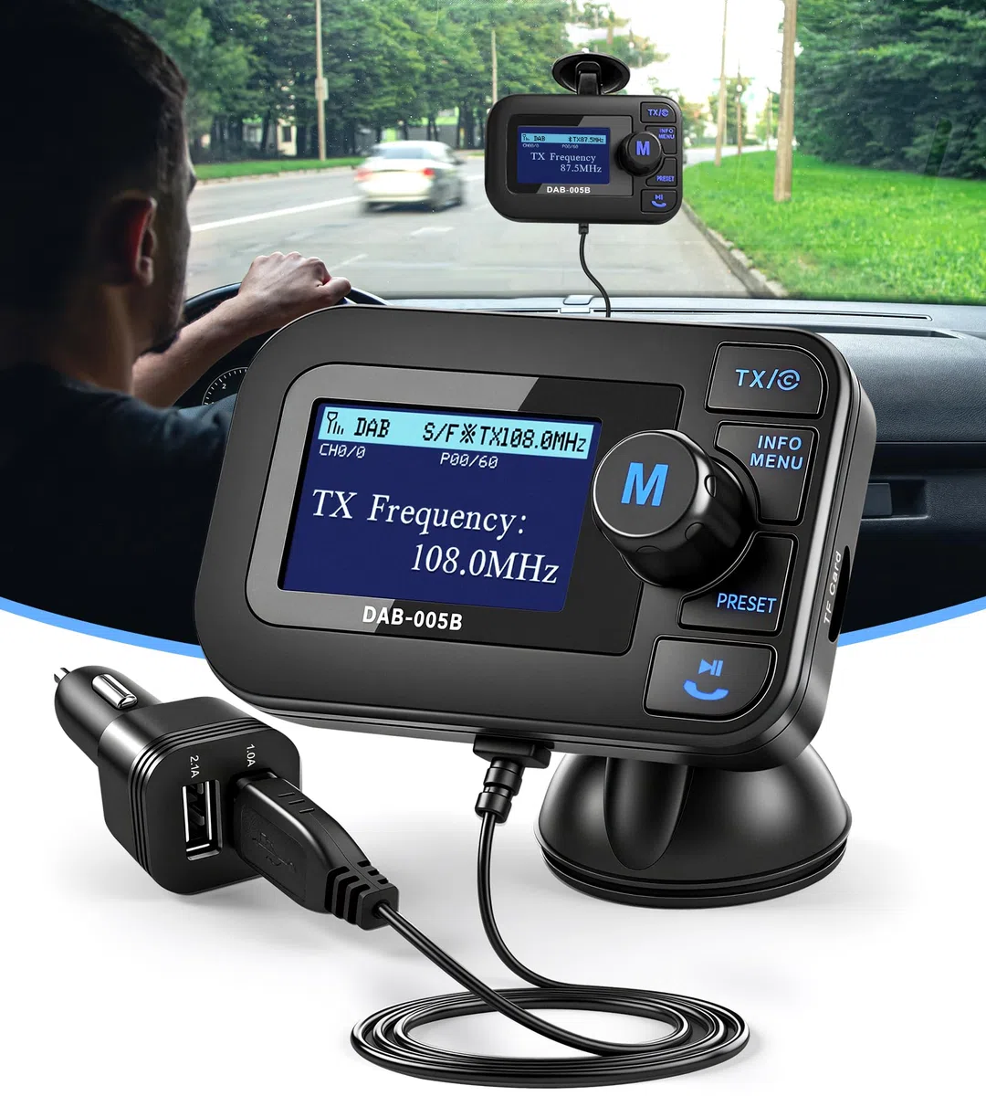 DeeprBlu DAB Adapter für Autoradio, 2.3" DAB Plus Radio Auto FM Transmitter DAB+ Digitales Radio Adapter mit Bluetooth Freisprechanruf,Autoradio Bluetooth DAB+Aux Out+USB KFZ Ladegerät+TF Musikplayer