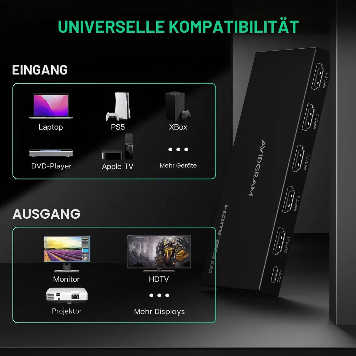 HDMI Switch 4K 60Hz, AVIDGRAM HDMI 2.0 Umschalter 4 in 1 Out, 4 Port Selector Box with IR Remote Control Support HDCP 2.2 HDR10 3D 18Gbps Compatible with Xbox PS4 HDTV Monitor