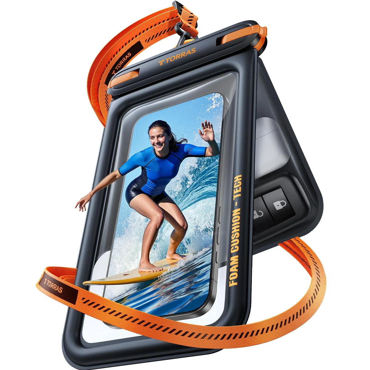 TORRAS IP68 wasserdichte Handyhülle [Doppelte Taschen], Unterwasser Handyhülle Wasserfeste Handytasche, 500g Maximaler Auftrieb, Ideal für Tiefsee-Tauchen, Schwimmen, SUP und Segeln, 7,9 Zoll,Schwarz