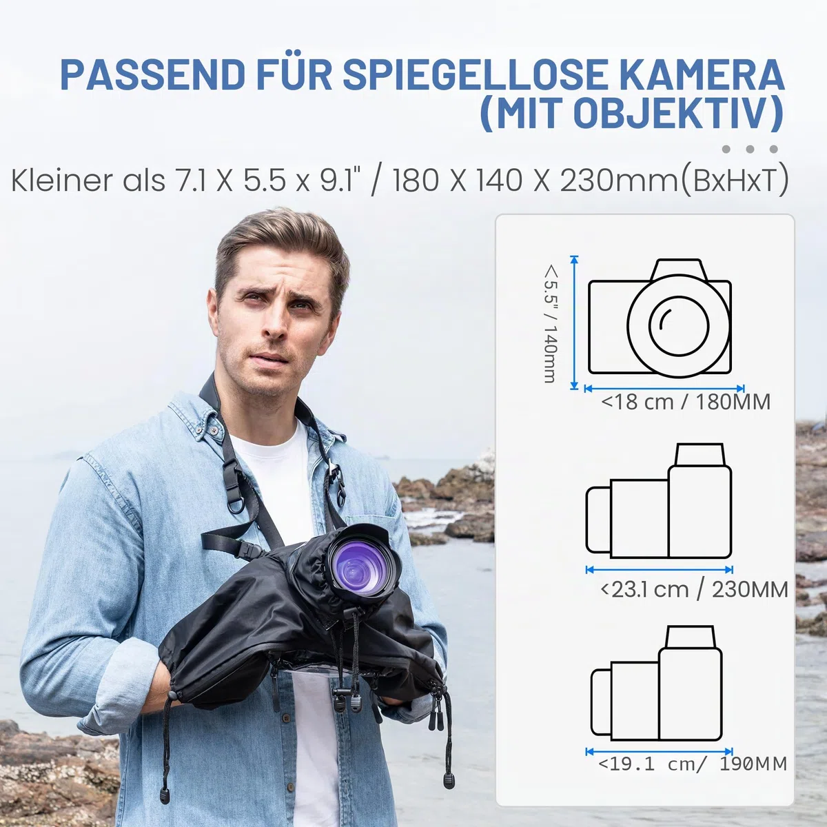 Canon Sony Nikon DSLR Regenschutz - Upgraded Transparent Window Design, Wasserdicht, Schwarz Nylon, Kompatibel mit Kamera + Objektiv bis 180x140x230 mm