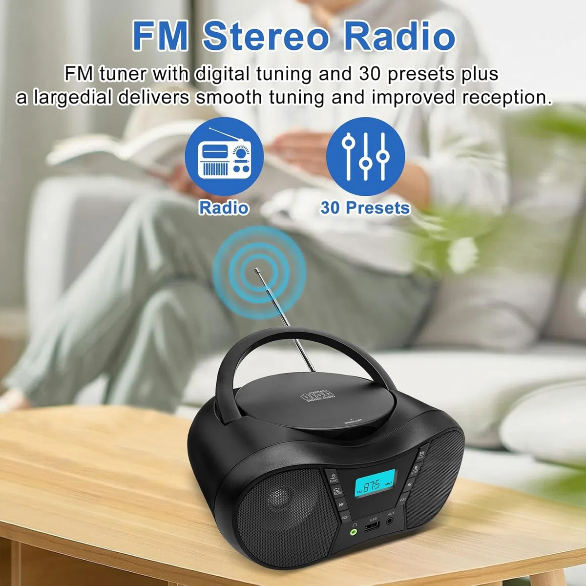 Tragbarer CD-Player Boombox mit FM-Radio, Bluetooth-Lautsprecher, AC/Batteriebetrieben, unterstützt CD/CD-R/RW/USB/BT/AUX, LCD-Display, Kopfhöreranschluss, Geschenke für Eltern (Schwarz)
