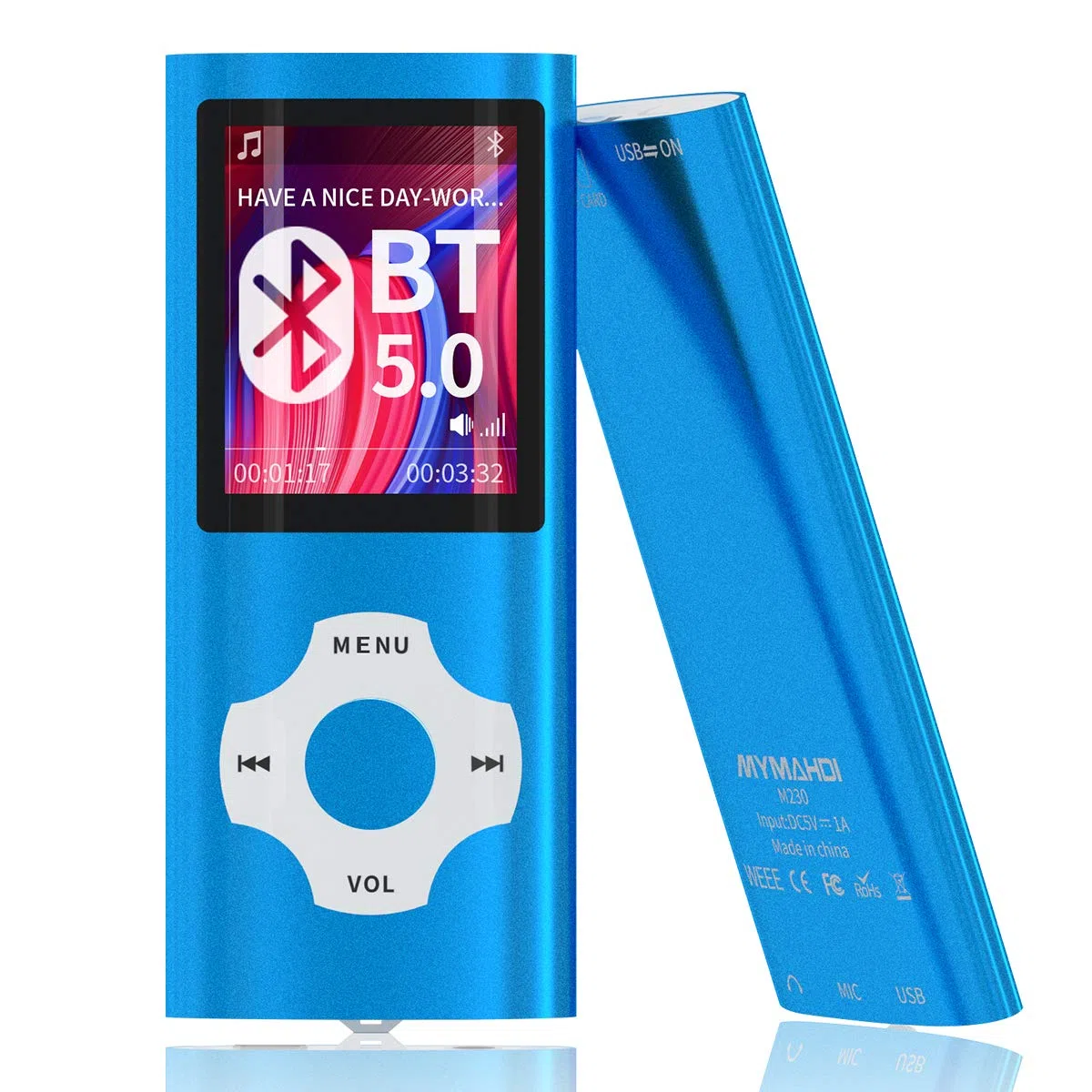 MYMAHDI Bluetooth 5.0 MP3/MP4-Player mit 32 GB Speicherkarte, 1,8 Zoll LCD-Bildschirm, unterstützt bis zu 128 GB, Video/Sprachaufnahme/FM-Radio/E-Book-Reader/Fotobetrachter, Dunkelblau