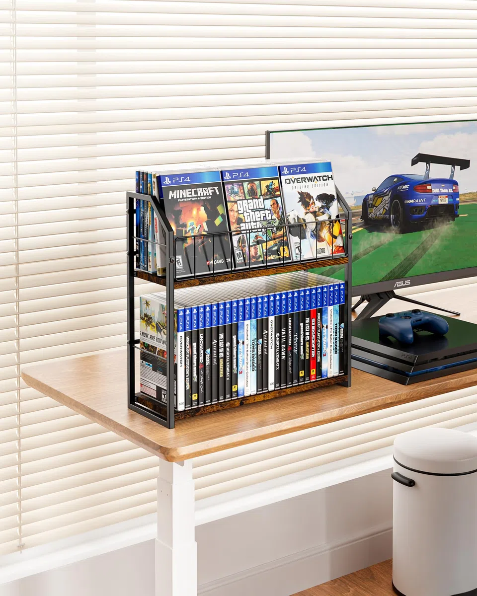 TJ.MOREE 2-stöckiges DVD-Rack mit 56 Ebenen und Schallplattenaufbewahrung, industrieller Retro-Kohlenstoffstahl/Holz, platzsparender Schreibtisch-Organizer