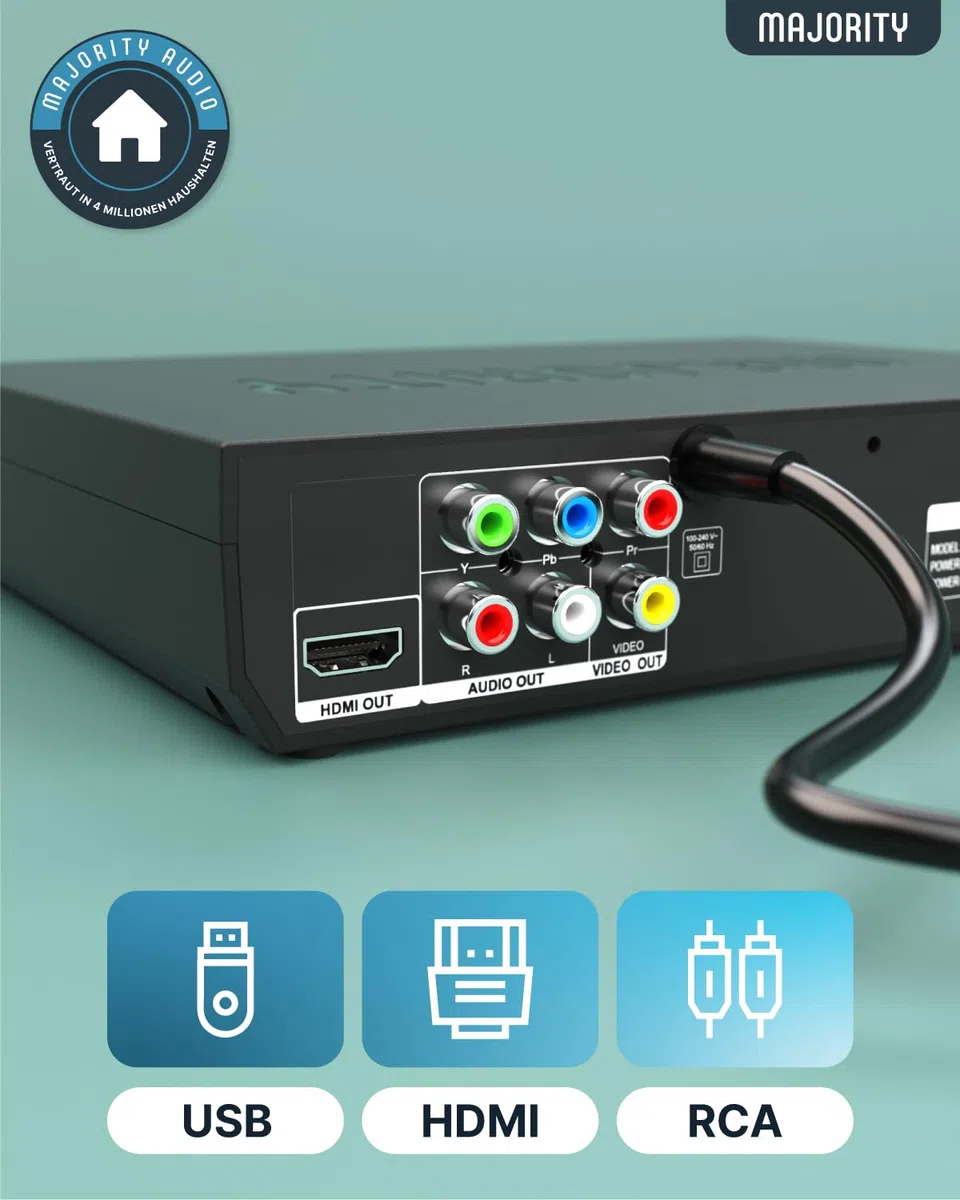MAJORITY DVD Player | Region Free Mini DVD-Player Kompakt für TV/Fernseher | 1080p Upscaling, USB & CD Wiedergabe | Mit HDMI Kabel & Fernbedienung