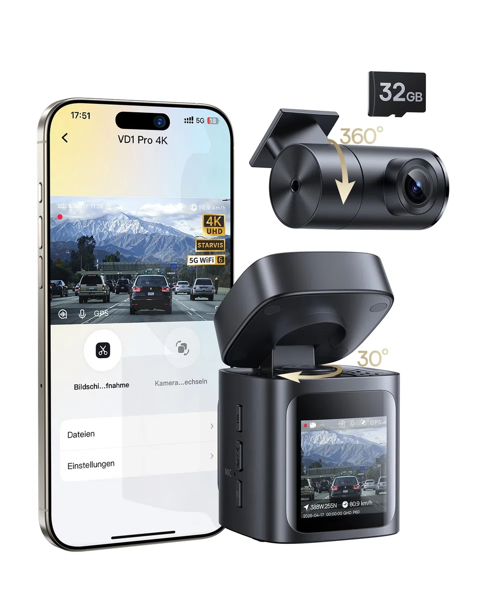 Baseus VD1 Pro Dashcam 4K+1080P Solar-Dashcam 14-Tägiger Batterie-Standby-Parkmodus STARVIS Nachtsicht 5GHz WLAN GPS 32GB