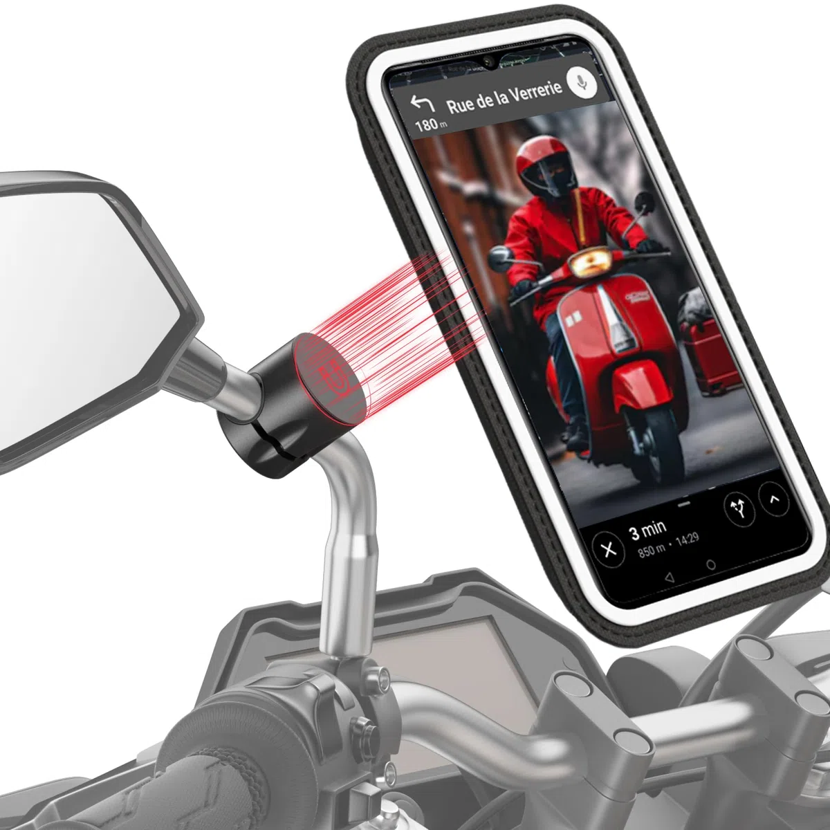 Shapeheart Handyhalterung für Motorradspiegel, abnehmbar & Weatherproof | Für alle Handys | Schraubbefestigung 8–17 mm | 1-Hand-Bedienung | Touchscreen | Dämpft Vibrationen | GPS, Roller, Scooter
