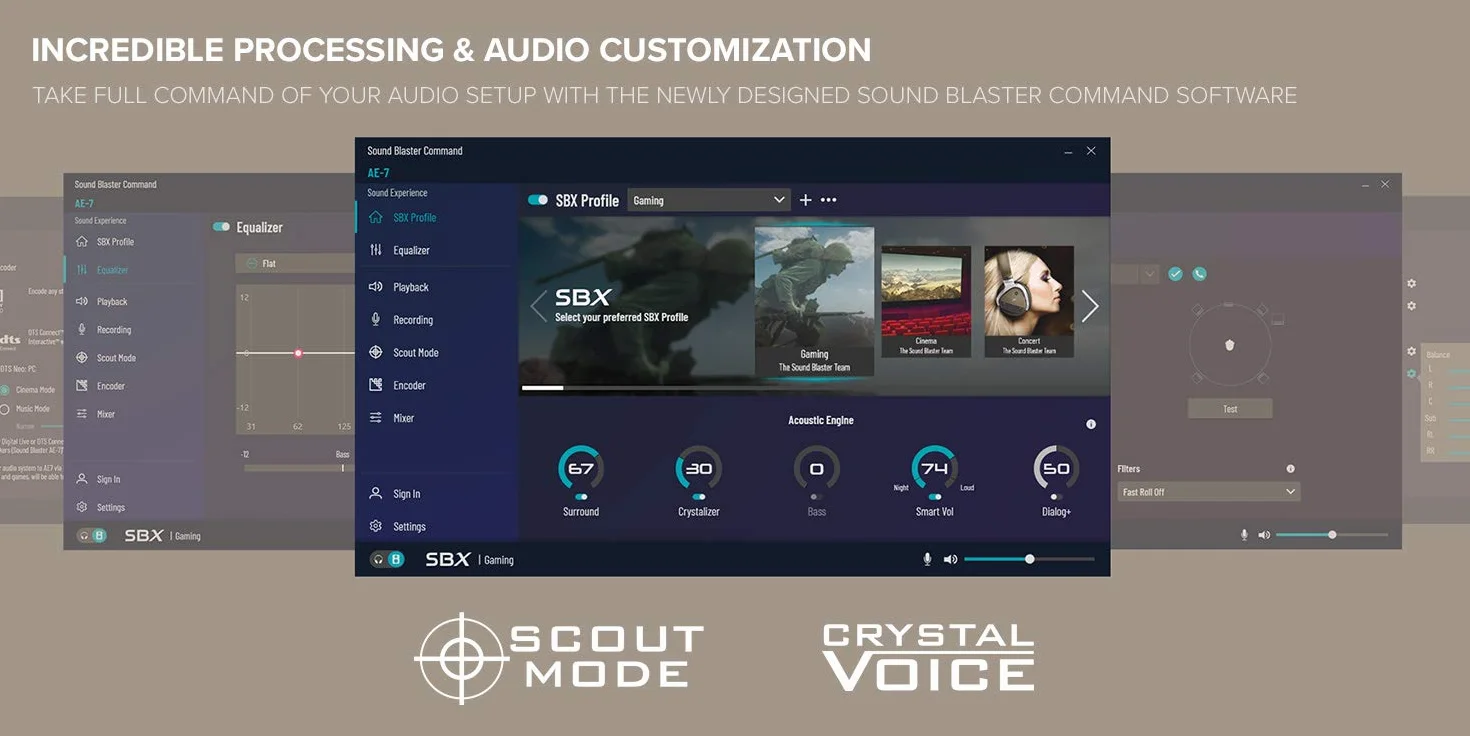 Creative Sound Blaster AE-7 — Hochauflösende PCI-e-DAC/Verstärker-Soundkarte mit diskretem Xamp-Kopfhörer-Biverstärker und grau/schwarzem Audiosteuermodul