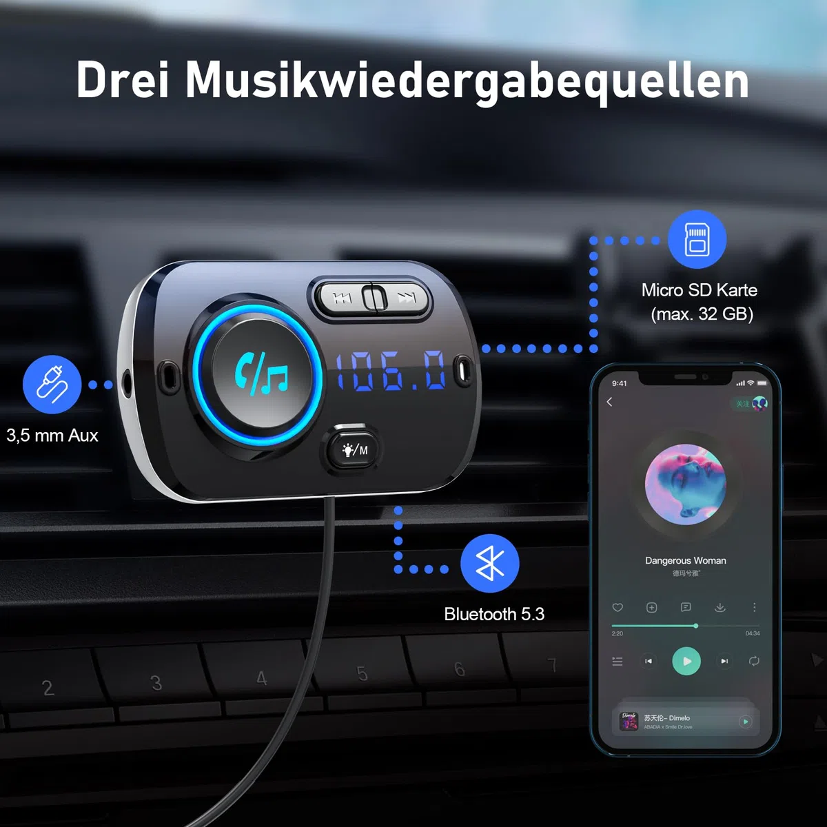 Bluetooth 5.3 FM Transmitter, SONRU Bluetooth Adapter Auto mit Freisprechanlage, [30W PD & 18W QC3.0] Schnelles Autoladegerät mit LED Farblicht Unterstützungs Aux Ausgang und TF Karte