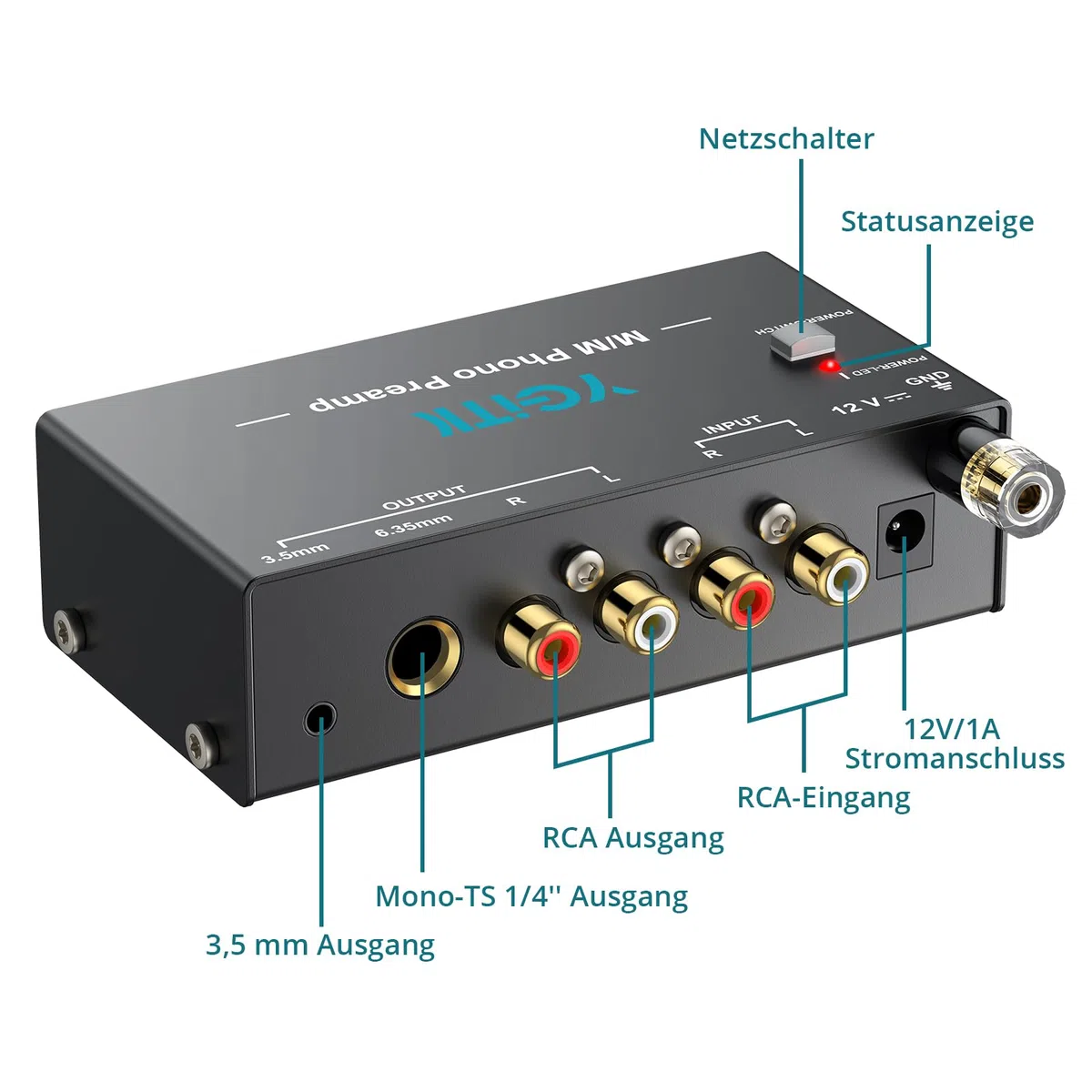 Vorverstärker für Plattenspieler | M/M Phono-Vorverstärker mit Netzschalter | RCA Input & Output Interfaces | DC-12V Zertifiziertes Netzteil | Wenig-Lärm Betrieb | Kompaktes Gehäuse