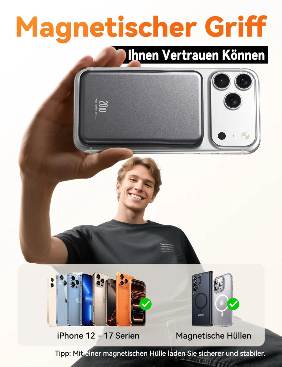 Powerbank für MagSafe, 10000mAh Magnetische Power Bank ohne Kabel, 20W PD Schnellladegerät, Kabelloses Magnetladegerät mit USB-C EIN-/Ausgang, LED-Anzeige für iPhone 17/16/15/14/13/12/Pro/Pro Max