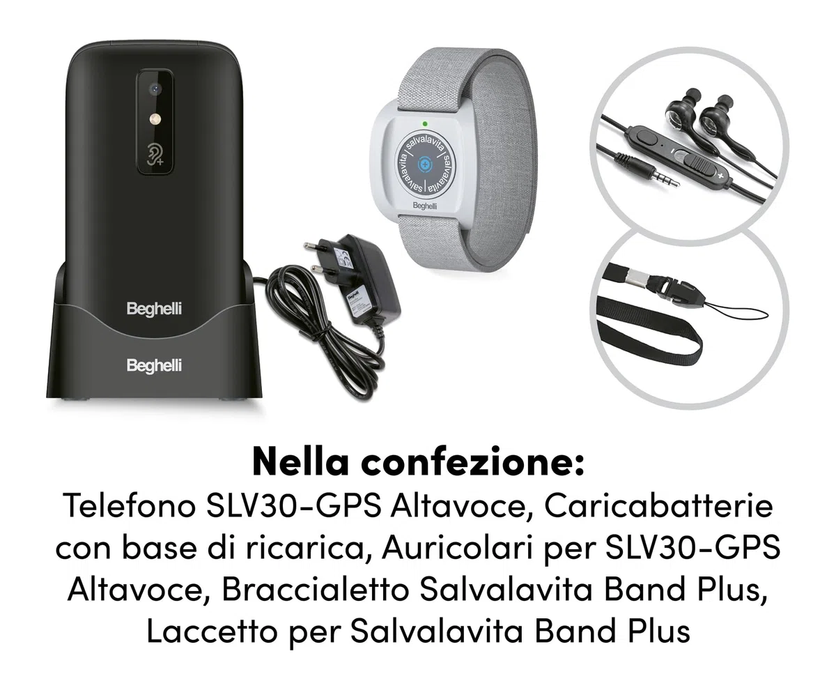 Beghelli - SLV30 Freisprecheinrichtung Plus + Armband für Senioren, GSM SOS, Schnellanruf, tragbare Telekommunikation, GPS, Fallsensor, großes Display, 2,8 Zoll, Weiß