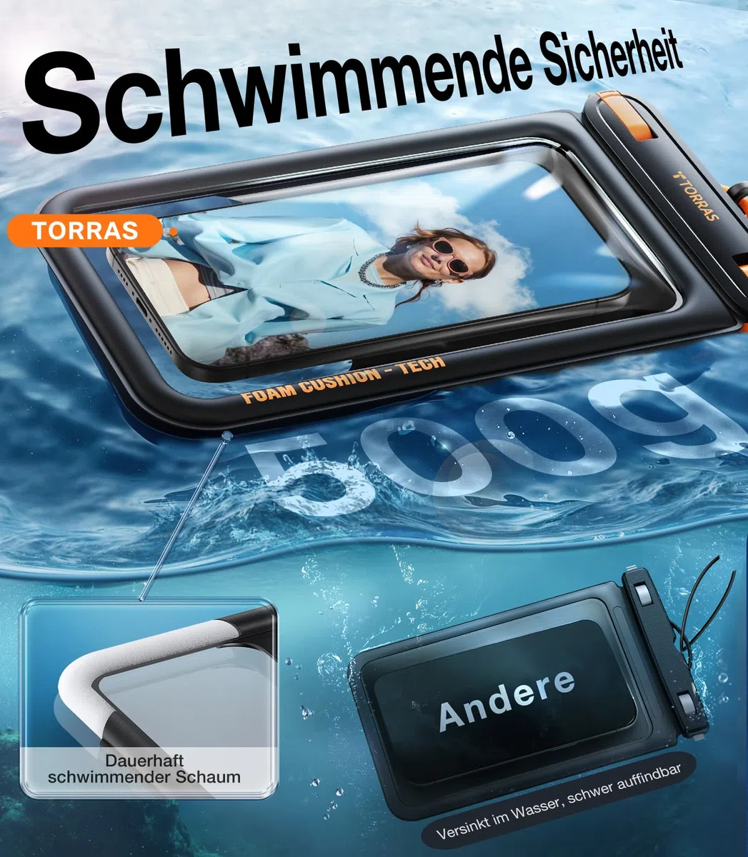 TORRAS IP68 wasserdichte Handyhülle [Doppelte Taschen], Unterwasser Handyhülle Wasserfeste Handytasche, 500g Maximaler Auftrieb, Ideal für Tiefsee-Tauchen, Schwimmen, SUP und Segeln, 7,9 Zoll,Schwarz