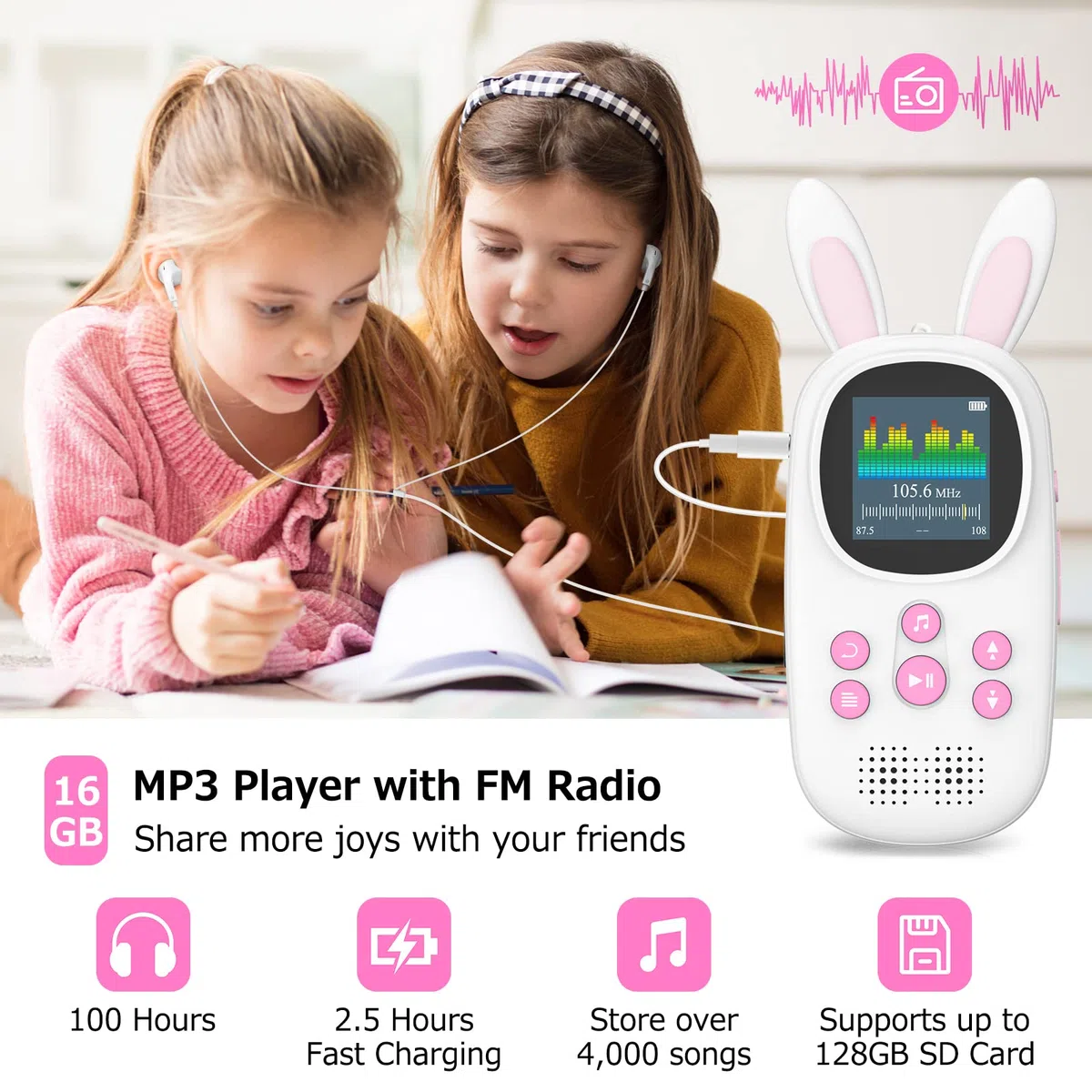 32GB Bluetooth MP3 Player Kinder, Niedlicher Hase Kinder Musik MP3 Player mit Kopfhörer & Lautsprecher, MP3-Player mit Alarm, Aufnahmen, Schrittzähler, Stoppuhr, Unterstützung bis zu 128GB
