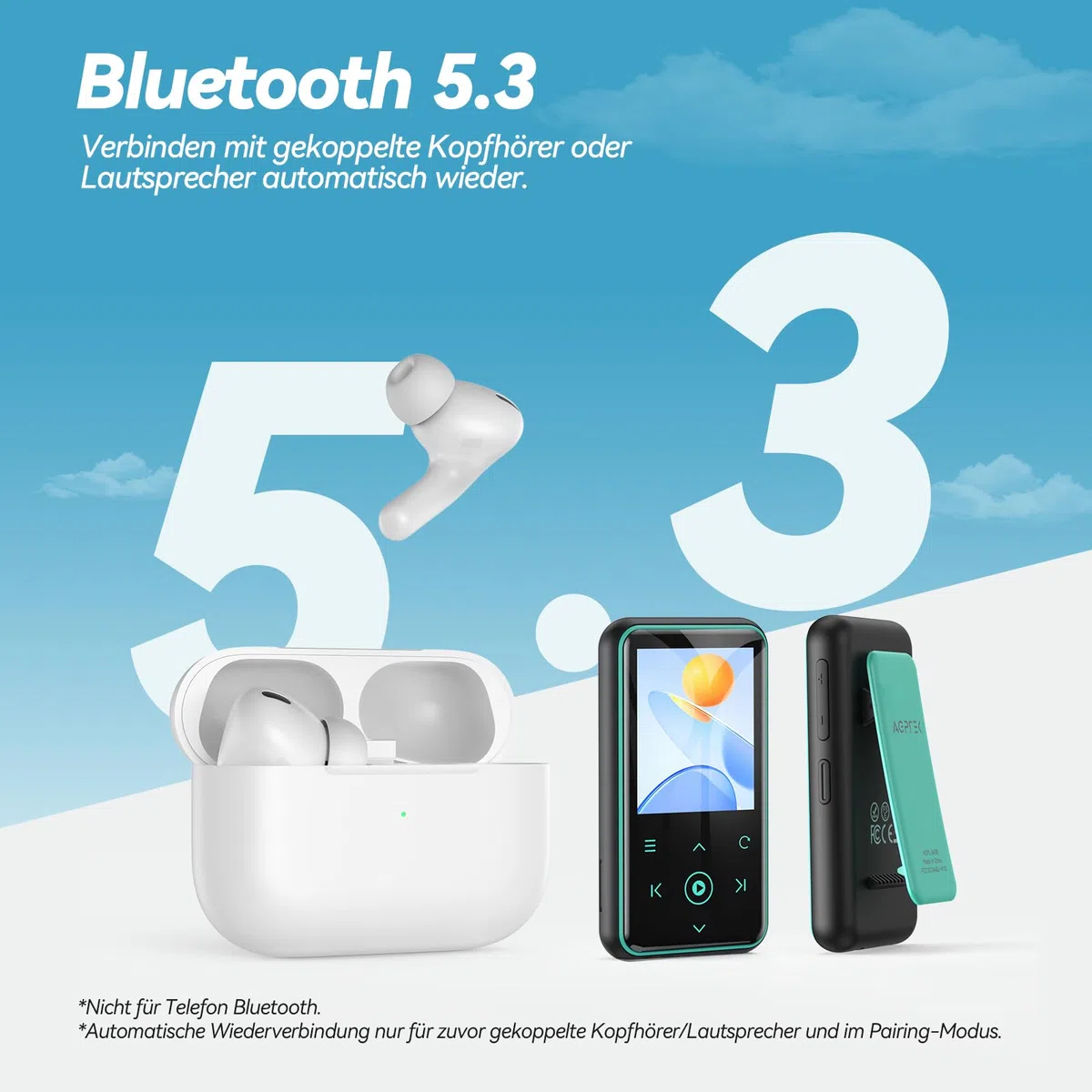 AGPTEK 64GB MP3 Player mit Sport Clip, Bluetooth 5.3 Player mit 1,8 Zoll TFT Farbbildschirm, Mini Musik Player mit Touch-Tasten, FM Radio, Schrittzähler, unterstützt bis 128GB SD Karte, Blau