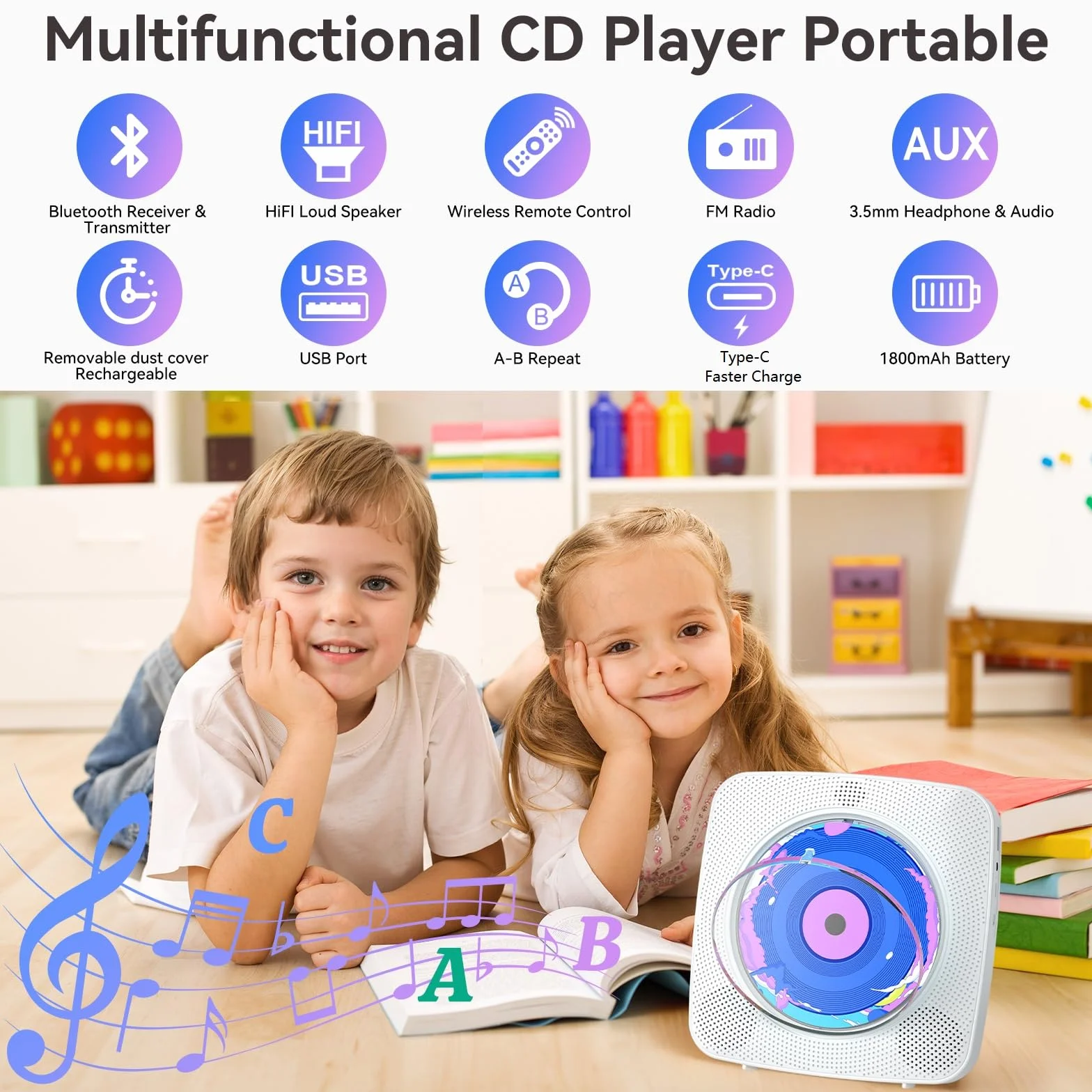 Radio mit CD-Player Tragbar CD Players Bluetooth mit Lautsprecher Kinder Frontanzeige Fernbedienung Unterstützung USB-Wiedergabe AUX-Wiedergabe