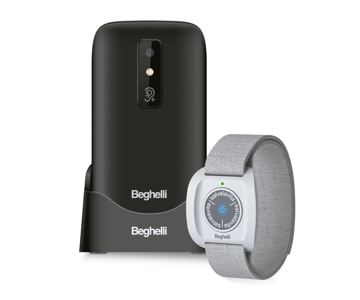 Beghelli - SLV30 Freisprecheinrichtung Plus + Armband für Senioren, GSM SOS, Schnellanruf, tragbare Telekommunikation, GPS, Fallsensor, großes Display, 2,8 Zoll, Weiß