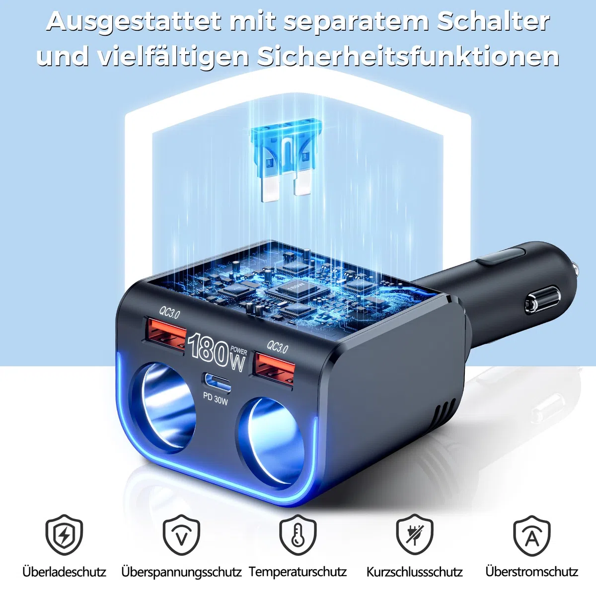 SONRU180W Zigarettenanzünder Verteiler 5 in 1, 24/12 Volt Steckdose Auto Ladegerät KFZ Doppelsteckdose Adapter mit Zwei USB Typ-C Schnellladeanschluss