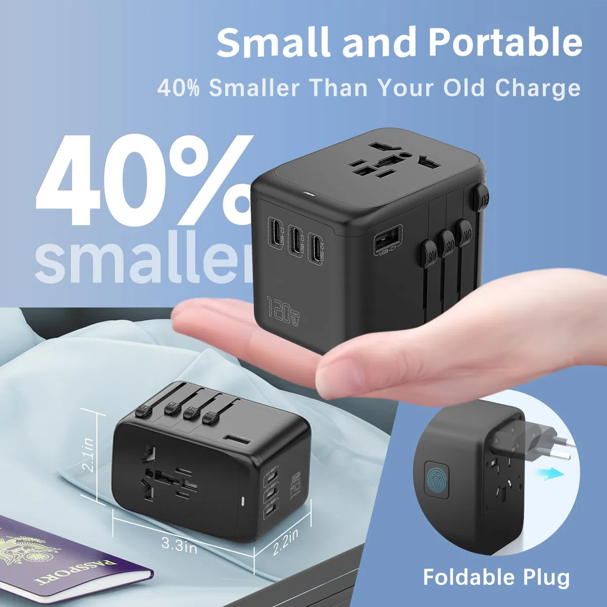 Universeller Reiseadapter, GaN-Ladegerät 65 W, internationaler Steckeradapter mit 3 USB-C PD und 1 USB-A QC, Reiseladegerät mit weltweitem US/EU/UK/AU-Steckeradapter