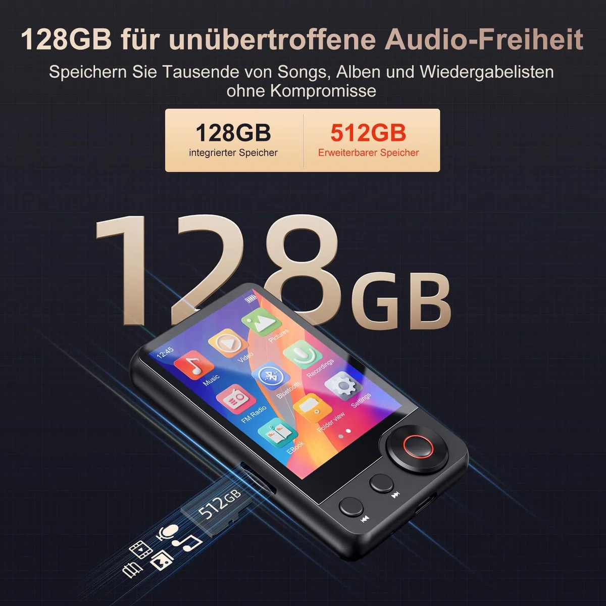 MECHEN 128GB MP3 Player mit Bluetooth 5.3, Dual Audio, 2,4 Zoll Touchscreen, Suchfunktion Verfügbar, Scrollrad, Video, FM Radio, Recorder