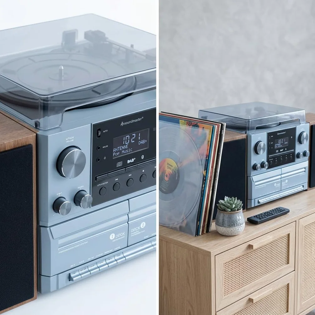 Soundmaster MCD5600 Stereoanlage mit Plattenspieler DAB+ Doppelkassette CD-Player USB MP3 Bluetooth Encoding Digitalisierung 75 Ohm Antennenanschluss, Farbe:braun