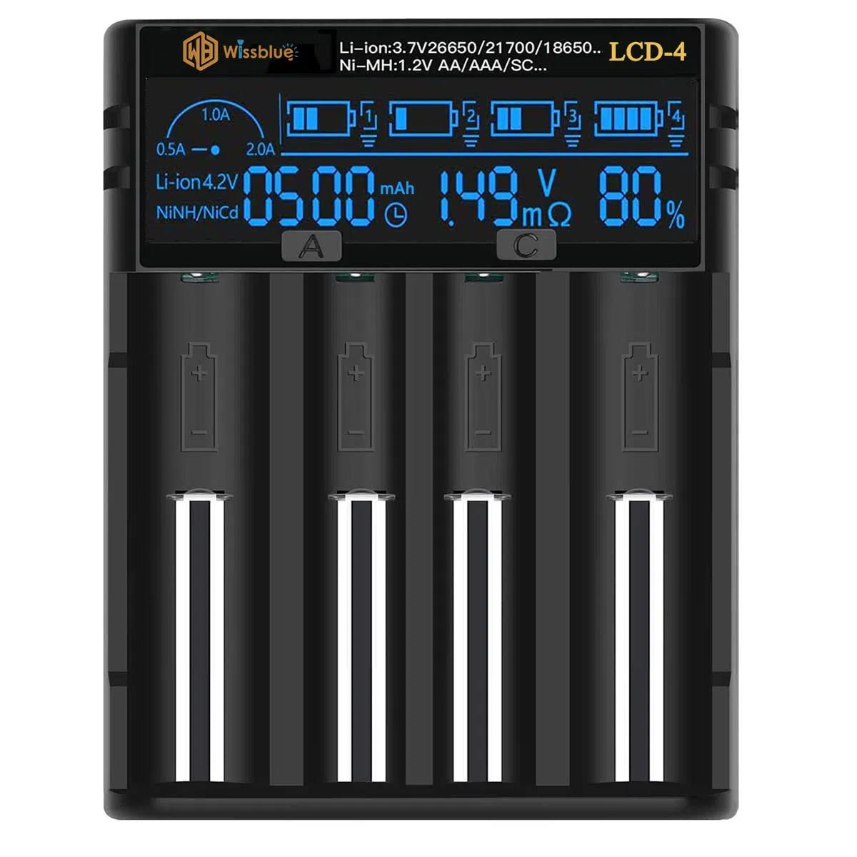LCD-4 18650 akku ladegerät Batterie ladegerät 2A Schnell Leistung Batterie ladegerät ,LCD-Anzeige mit Power Bank-Funktion für 3.7V 14500 16340 18650 20700 21700 26650 1.2V AAAA AA A