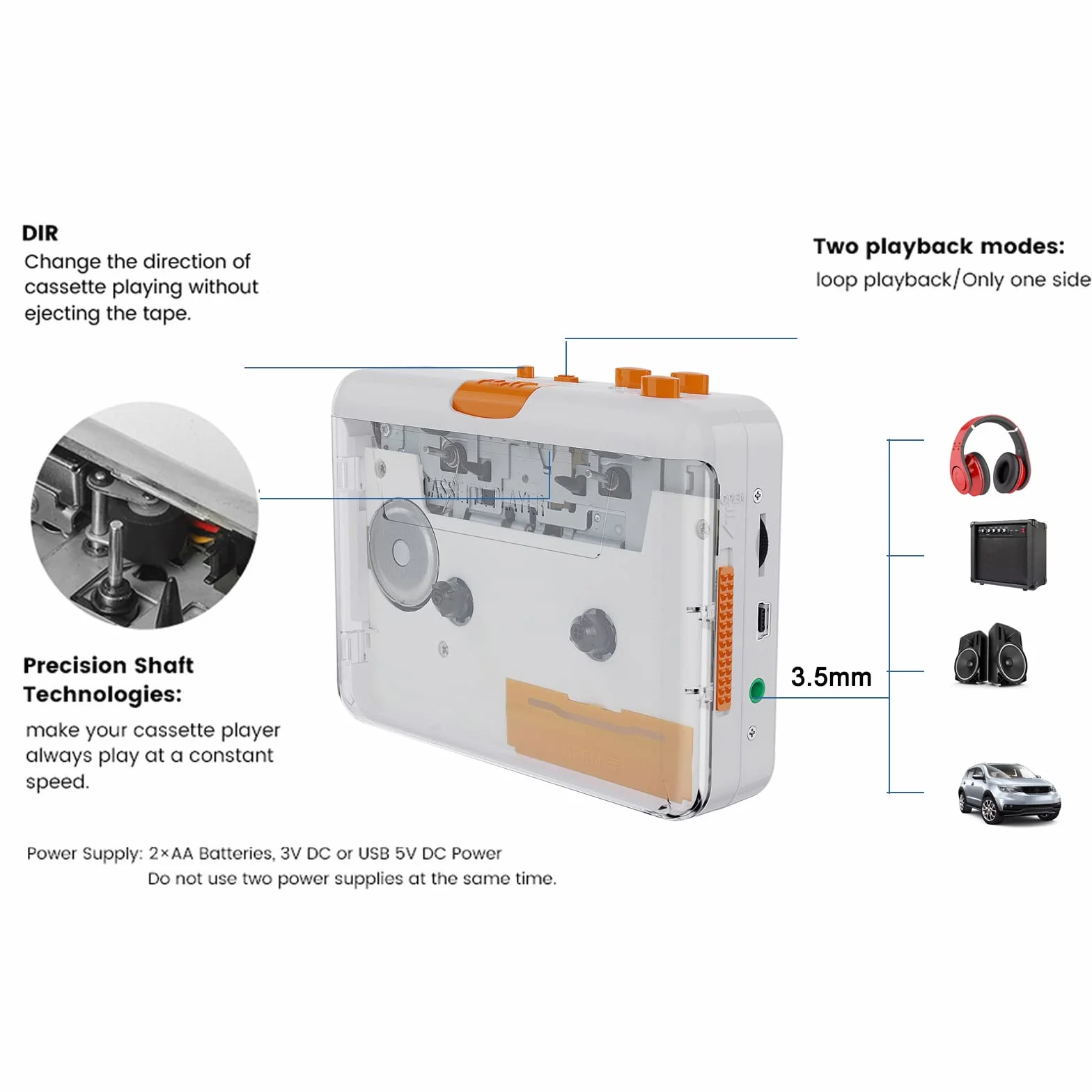 Cocoarm Kassette Player mit Tragbarer USB -Kassette für MP3 -Konverter mit Kopfhörer Audioausgabe für Mix -Tapes CDs MP3 -Player Lautsprecher