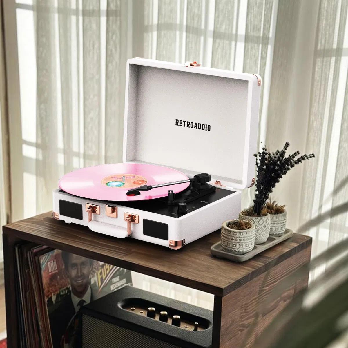 Vinyl-Plattenspieler mit eingebauten Lautsprechern, 3-Gang-Vintage-Plattenspieler, Bluetooth, tragbar, Koffer, riemengetriebener Plattenspieler, kompatibel mit RCA-Ausgang und Ausgang von