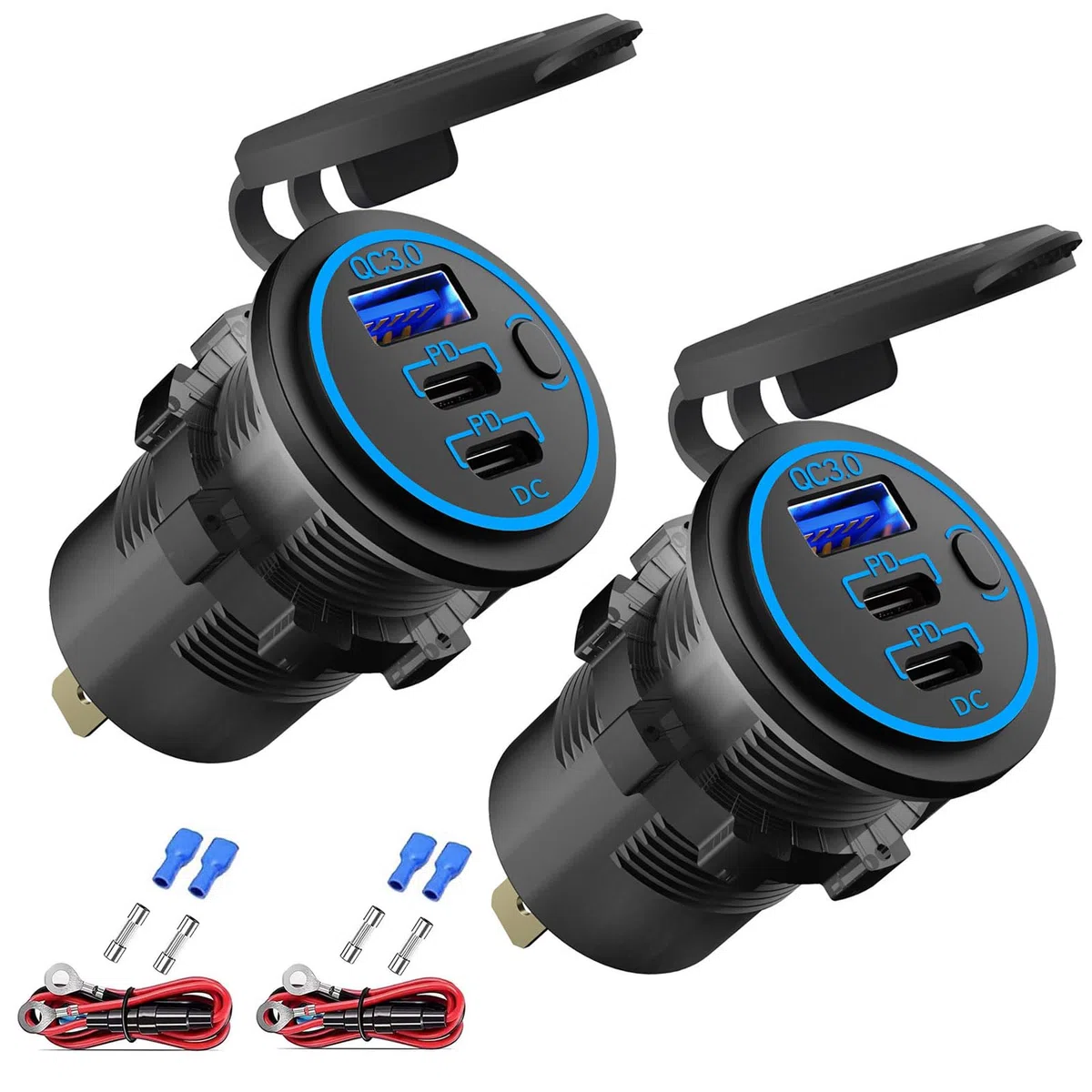 12V USB Steckdose USB-Ladegerät Mehrere Anschlüsse, Dual PD3.0 USB-C und Quick Charge 3.0 Auto-Anschlussbuchse mit Netzschalter, Schnell-Ladegerät für Handy und Tablet, Geeignet für Auto Boot