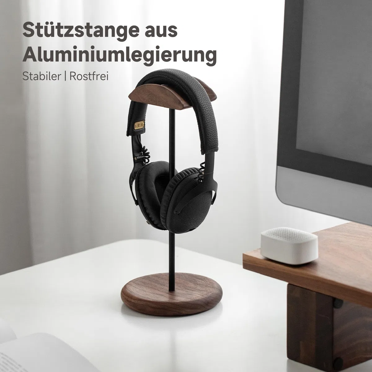 muso wood Headset Halterung Tisch Kopfhörer Ständer aus Walnussholz und Aluminium, stabiler Kopfhörerständer aus Holz, nachhaltiger Headset Ständer, Gaming Kopfhörer Halterung Halter