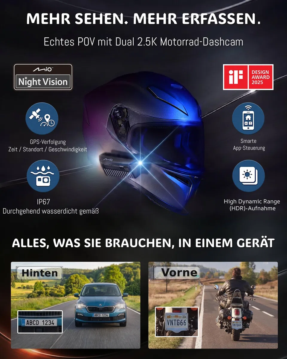 Mio Dashcam Motorrad Vorne Hinten kabellos mit akku 4,5 Stunden, dashcam motorradhelm mit Schutzart IP67, 2.5K HDR,GPS, Wi-Fi, 60fps, App-Steuerung, 3 Jahre Garantie (MiVue MP30)