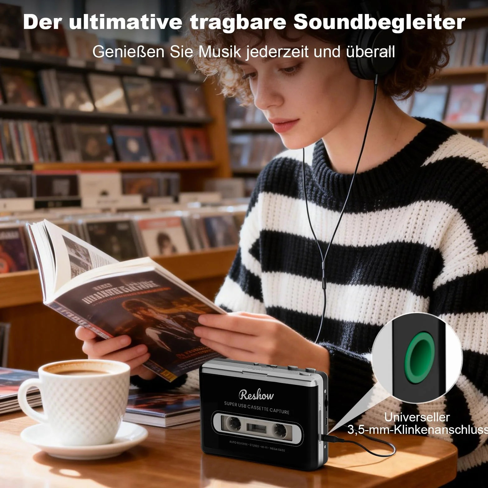 Reshow tragbarer Kassettenspieler, Bandkassetten über USB in MP3 umwandeln & MP3-Musik aufnehmen – Schwarz