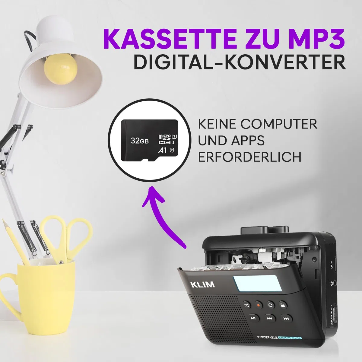 KLIM K7 Kassettenspieler, Kassettenrecorder & MP3 Konverter, Tragbare Kassettenspieler mit integriertem Mikrofon & Lautsprecher, Wiederaufladbar über USB – Inkl. Ohrhörer – 32 GB SD-Karte - Schwarz