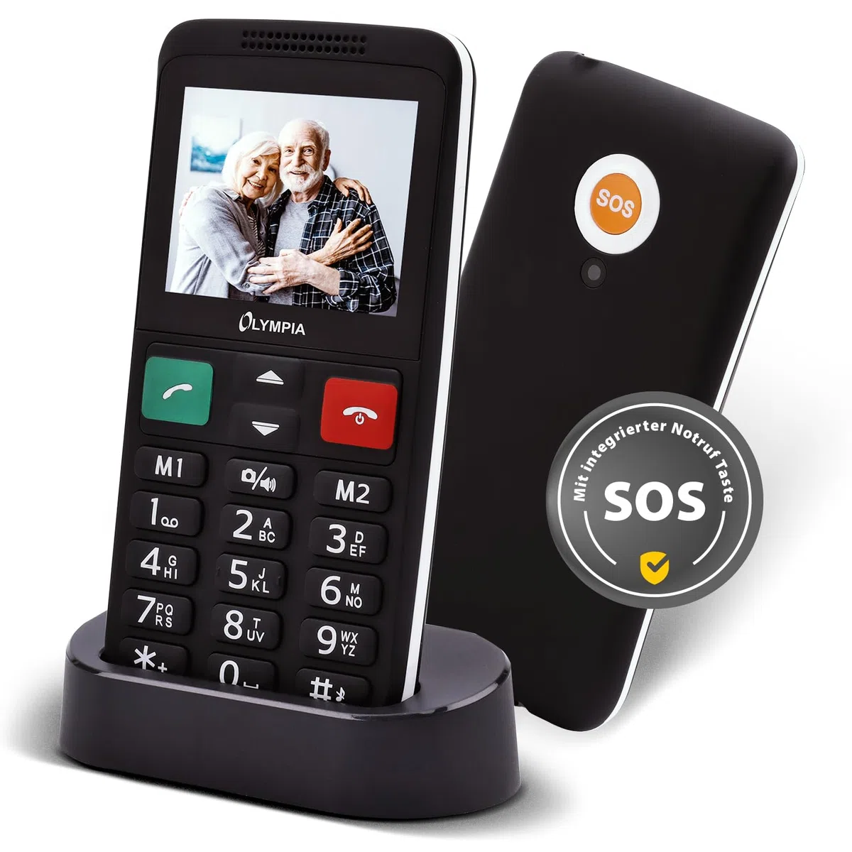 Olympia Mobiltelefon LUX | Komfort-Mobiltelefon mit Großtasten | Farb-Display | SOS-Taste | Seniorenhandy ohne Vertrag | Dual SIM, MicroSD-Slot, Bluetooth | Taschenlampe | inkl. Ladeschale | Schwarz