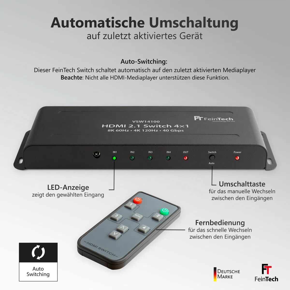 FeinTech VSW14100 HDMI 2.1 Switch 4K 120Hz Ultra-HD 4x1 Umschalter automatisch 8K 4 in 1 Out für Xbox PS5 TV Monitor HDR VRR