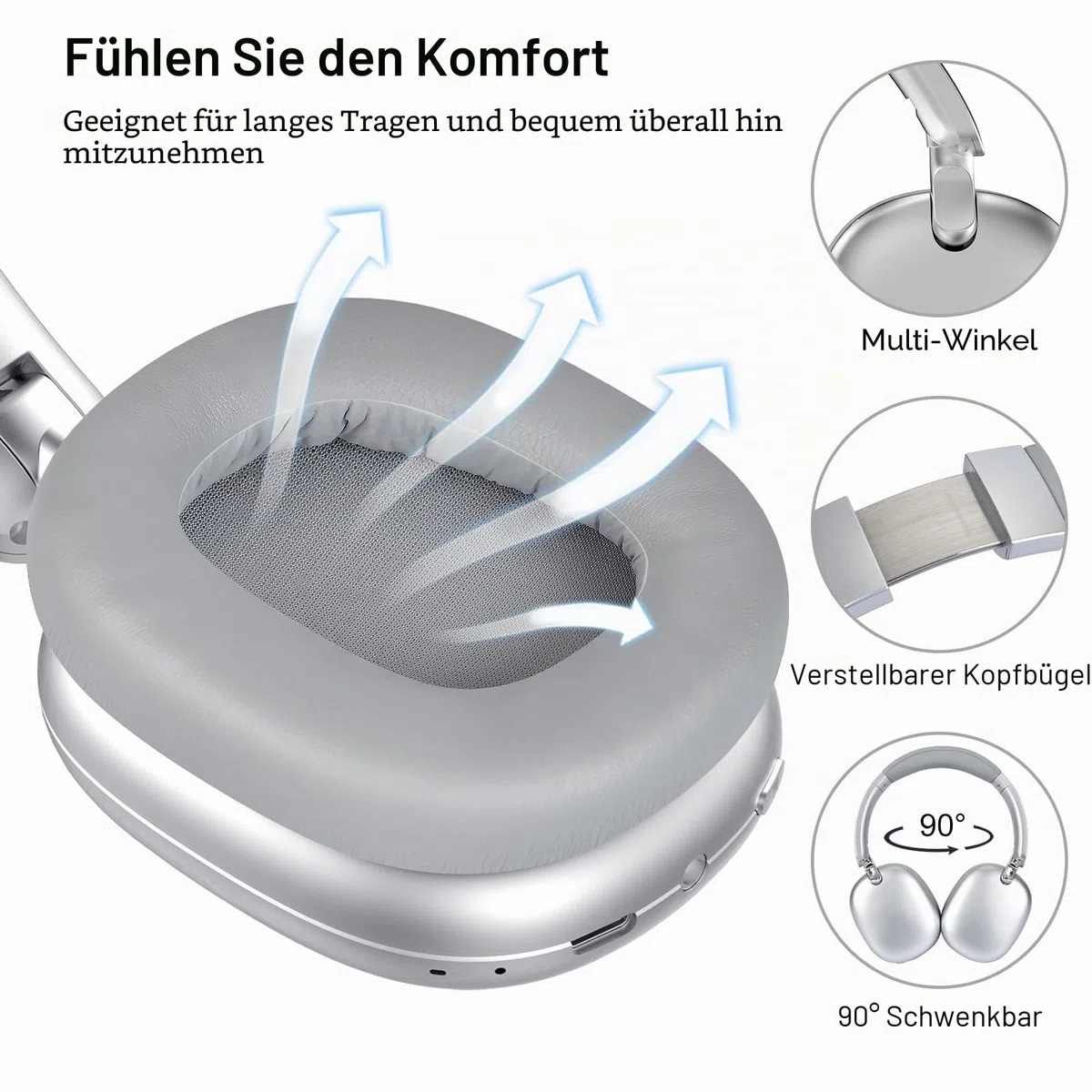 C6 Aktive Noise-Cancelling-Kopfhörer, Drahtlose Over-Ear Bluetooth-Kopfhörer, 60 Stunden Spielzeit, Leichtgewicht Faltbare Deep Bass Komfort-Ohrpolster Headset mit Mikrofon für iPad/PC Silber