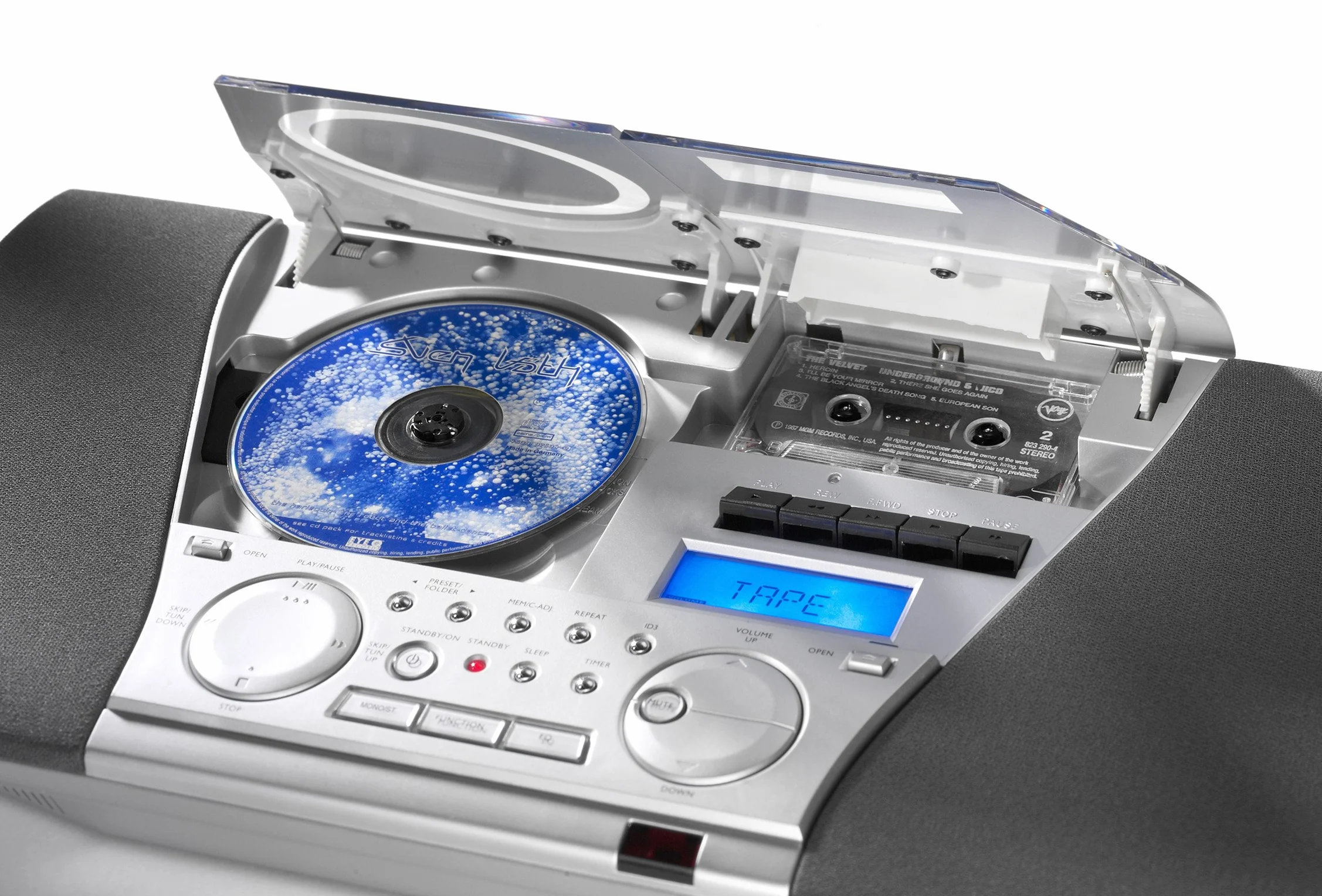 Karcher mit PLL-UKW-Tuner, Line-In, MC 6550N Kompaktanlage (mit CD Player und Kassettendeck, vertikale Stereoanlage, UKW Radio, Wecker) silber