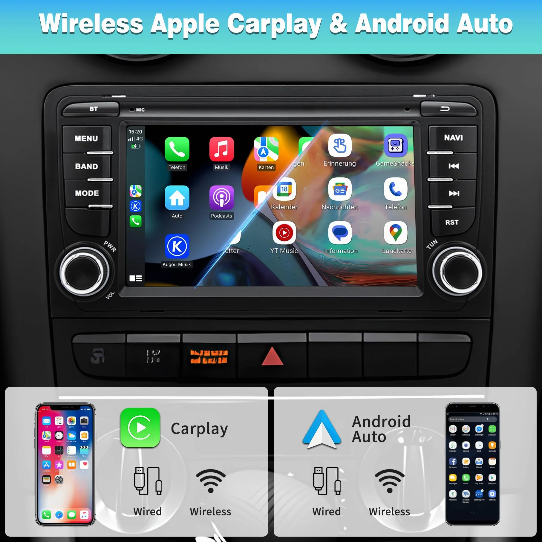 Autoradio Android 13 für Audi A3/S3/RS3 8P 2003 2004 2005 2006 2007 2008 2009 2010 2011 2012, 7 Zoll HD Touchscreen, Wireless CarPlay/Android Auto, GPS, WLAN, Bluetooth + HD-Rückfahrkamera SWC