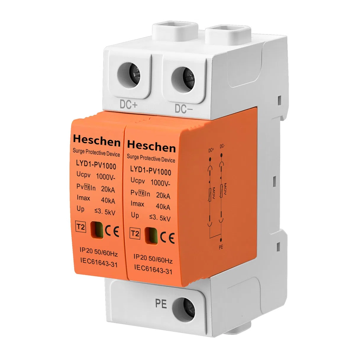 Heschen 1 Stück Überspannungsschutz, LYD1-PV1000, Typ2 1000VDC 20KA 2P, DC Ableiter, 35mm DIN-Schienenmontage,Breite Anwendungsmöglichkeiten für Photovoltaiksysteme
