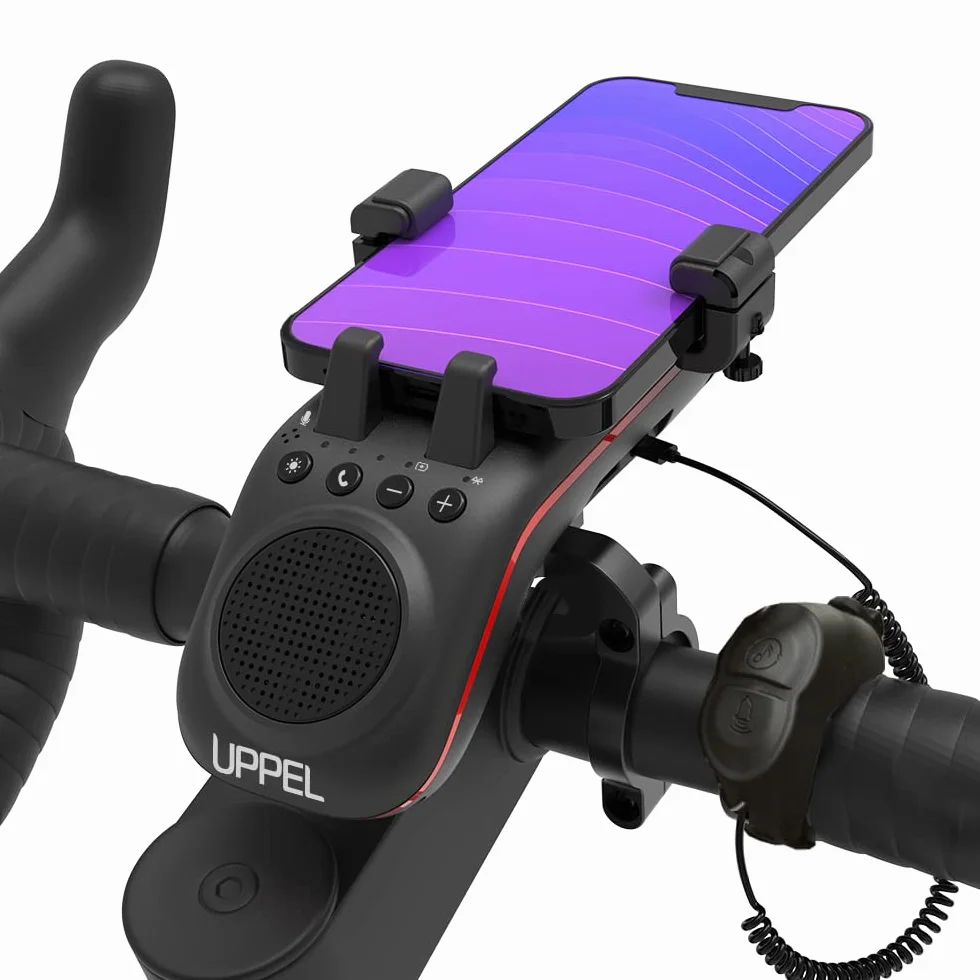UPPEL Fahrrad Handyhalterung Mit Bluetooth Lautsprecher, 5000mAh Powerbank, Klingel, Mikrofon - 10-in-1 Multifunktional TF/SD/AUX Modus für Extrem & Freizeit Radsport, Mountainbike