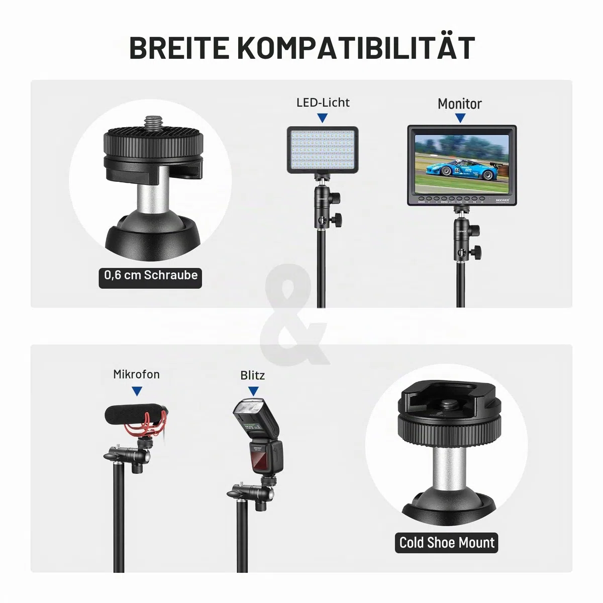 NEEWER Lichtstativ-Adapter mit Kaltschuh, 6,35 mm (1/4 Zoll) Mini-Kugelkopf, wendbare Montageplatte für Kamera-Monitor-Ringlicht, passend für Flachkopf/Galgenarm/C-Ständer, maximale Traglast 10 kg, 2