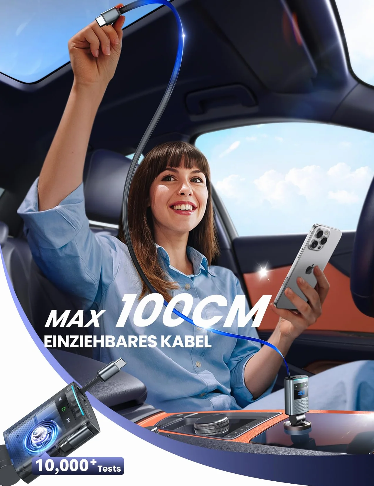 JOYROOM 90W Bluetooth 5.4 Adapter Auto,【100cm Einziehbares Kabel】 2026 Zigarettenanzünder USB C & FM Transmitter, 24V/12V USB Adapter Auto mit Freisprecheinrichtung, KFZ Zubehör für iPhone 17