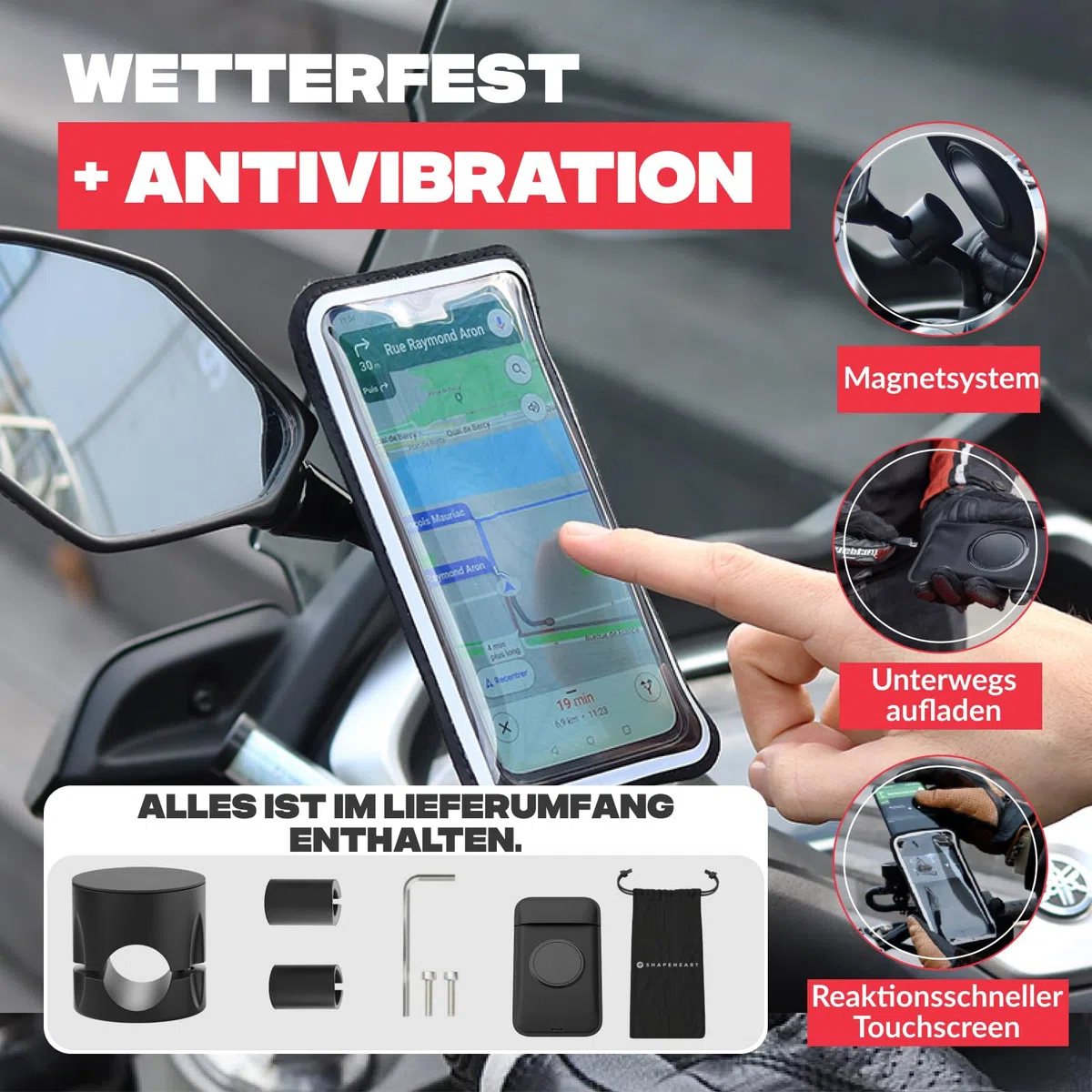 Shapeheart Handyhalterung für Motorradspiegel, abnehmbar & Weatherproof | Für alle Handys | Schraubbefestigung 8–17 mm | 1-Hand-Bedienung | Touchscreen | Dämpft Vibrationen | GPS, Roller, Scooter