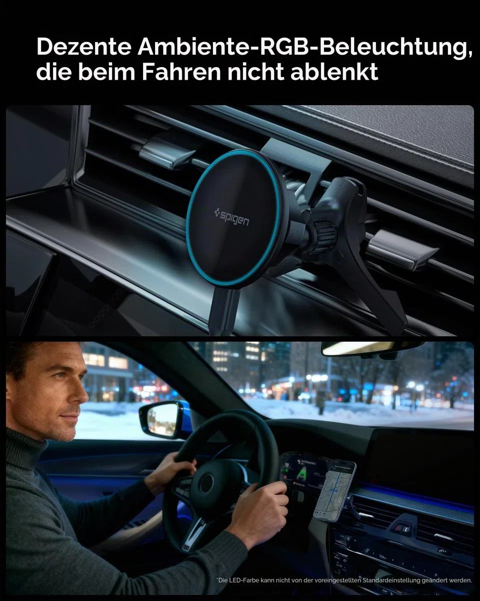 Spigen Essential MagFit Qi2 15W MagSafe Autoladegerät, [inkl. Kabel], LED Kabelloses Autoladegerät, Handyhalter, N52 starker Magnet, Kompatibel mit iPhone 17 16 15 14 13 12 – Lüftung