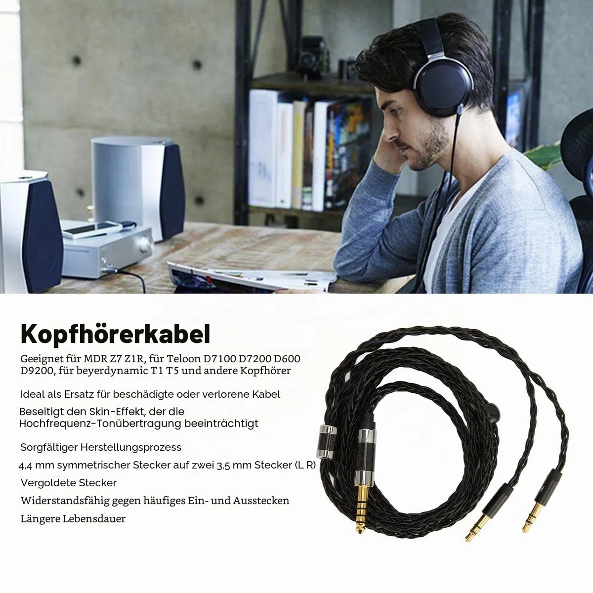ASHATA Kopfhörer Audiokabel, 8 adrig, Symmetrisch, 4,4 Mm auf Zwei 3,5 mm Aux Audiokabel, Versilbert, für MDR Z7 Z1R, für Teloon D7100 D7200 D600 D9200, für T1 T5, 1,2 M