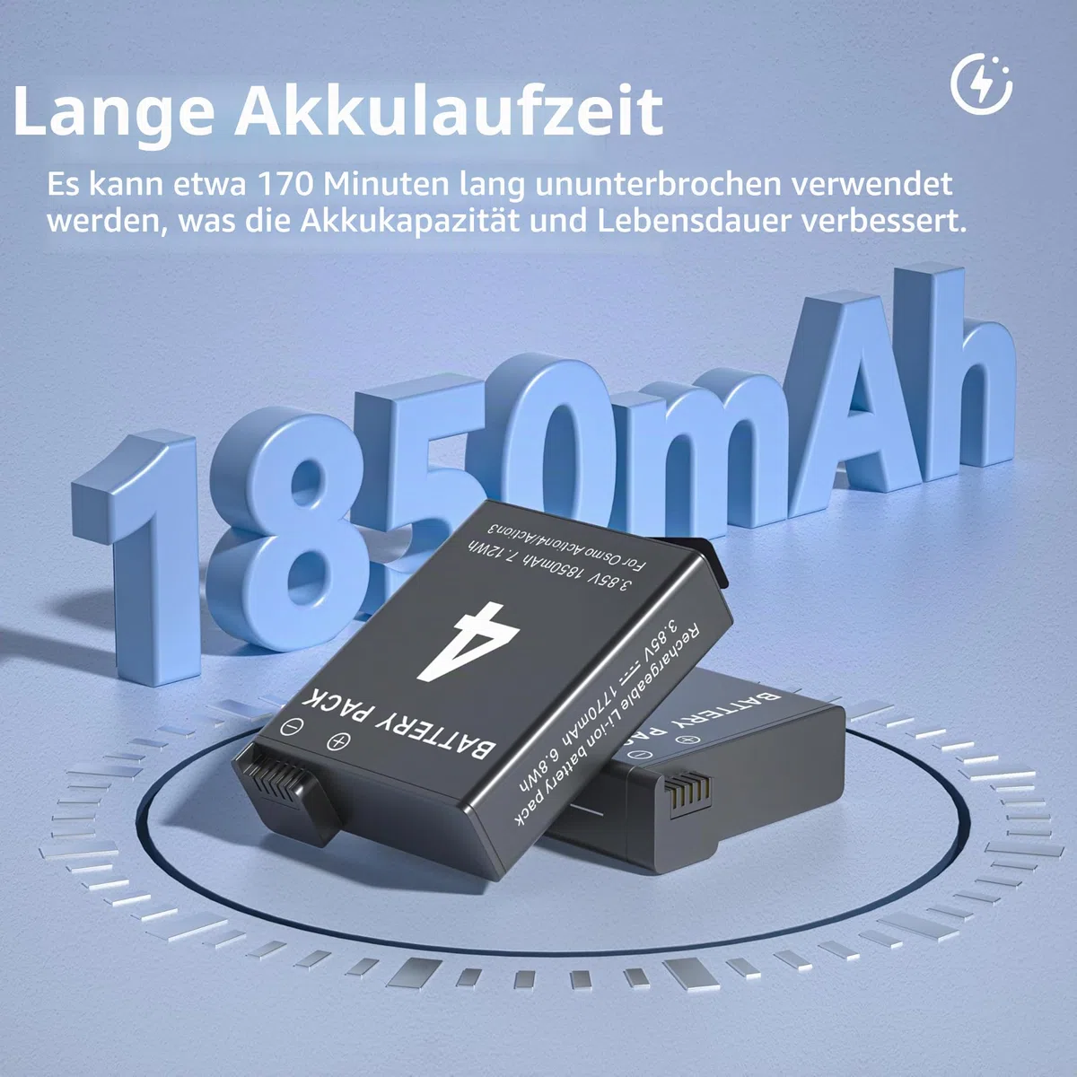 Akku für DJI Osmo Action 5 Pro/4/3, 2 Stück 1850mAh Akkus und LED Dual USB Ladegerät Zubehör Kompatibel mit DJI Osmo Action 3, Action 4, Action 5 Pro, Kamera