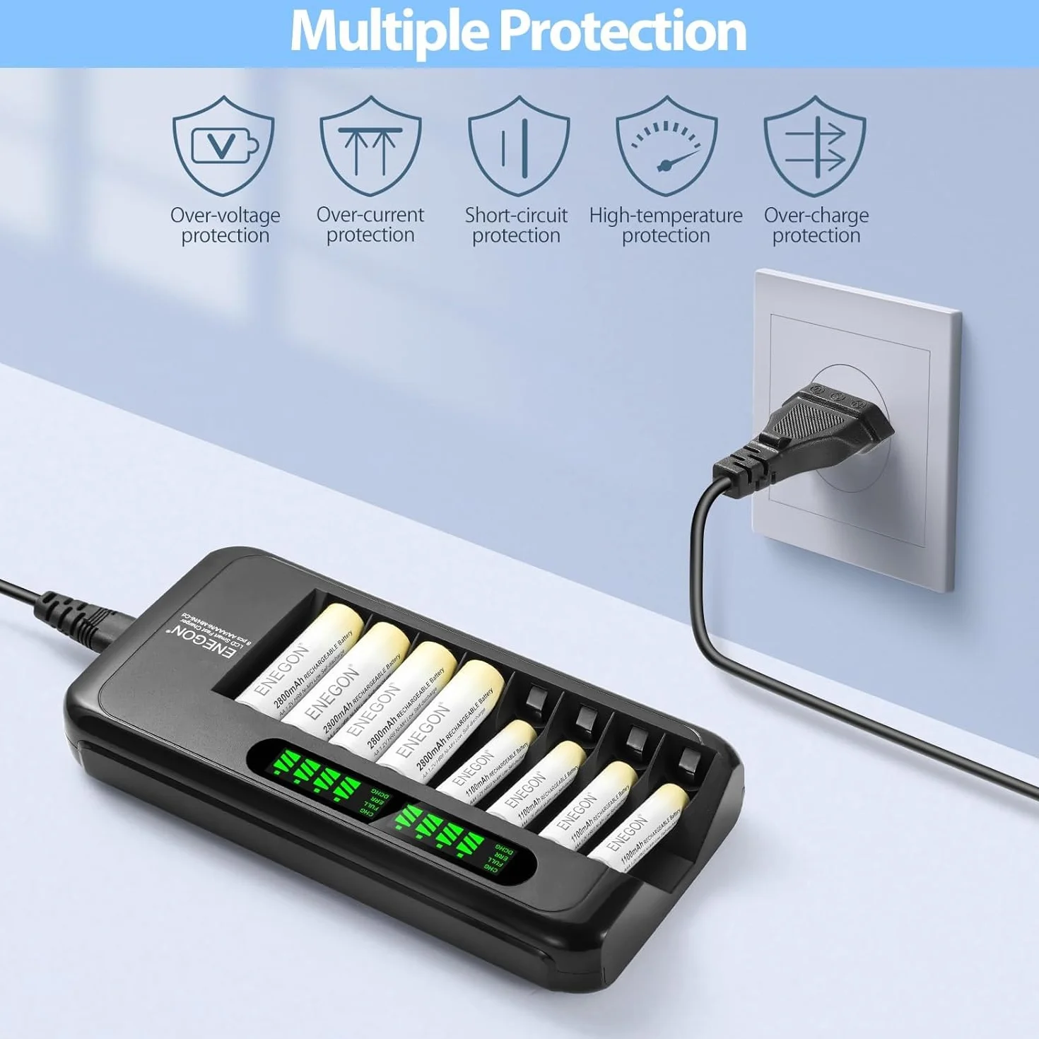 ENEGON Akkuladegerät, Schnell Akku Ladegerät mit AC-Adapter und intelligentem LCD-Display, Unabhängiges 8-Ladeplatz Batterieladegerät für NI-MH NI-CD Wiederaufladbare AA AAA Batterien