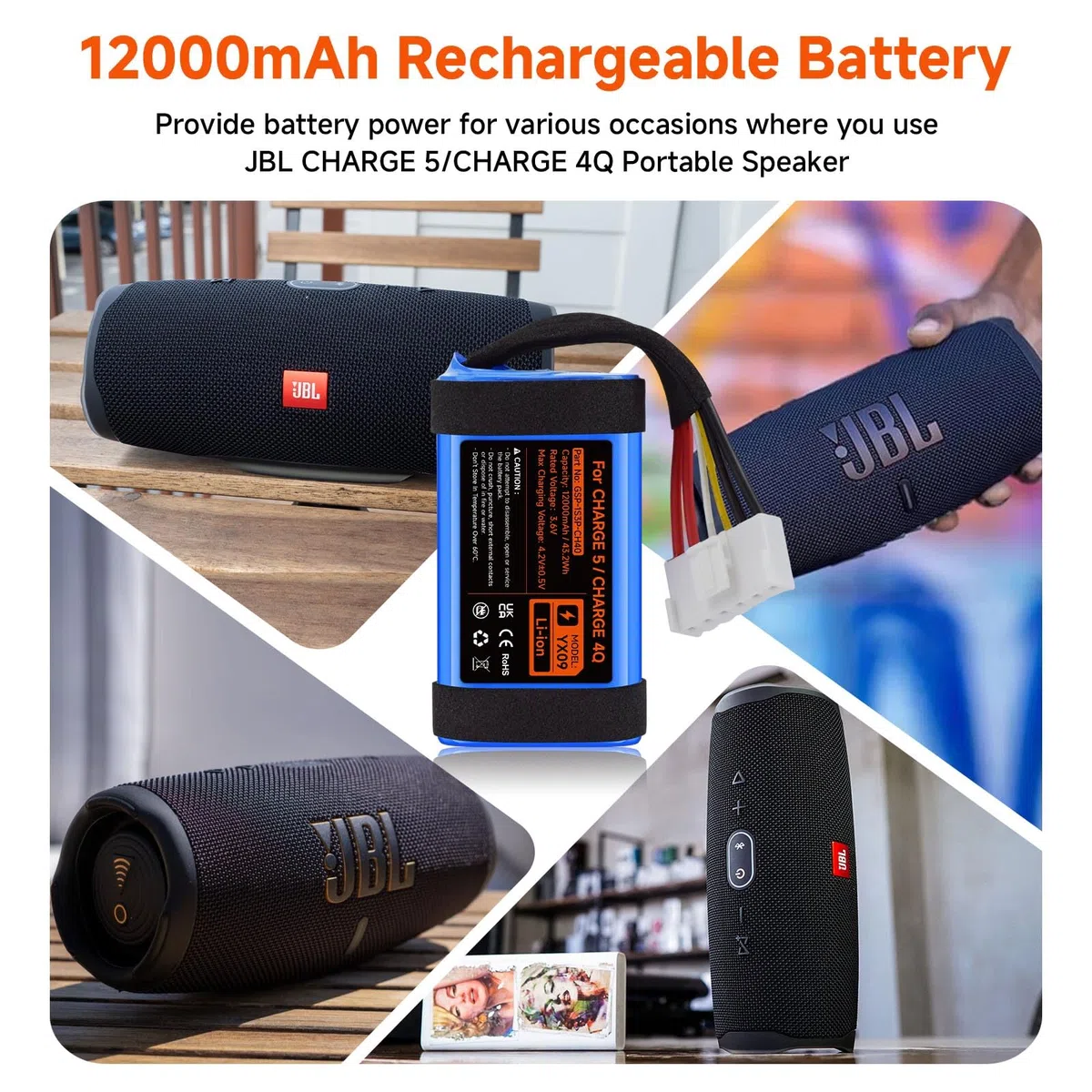 3.6V/12000mAh Ersatz Akku für JBL Charge 5, für JBL Charge 5 Wireless Bluetooth-Lautsprecher, Part No. GSP-1S3P-CH40 GSP-1S3P-CH4A GSP-1S3P-CH4D Battery (Nicht kompatibel mit JBL Charge 4