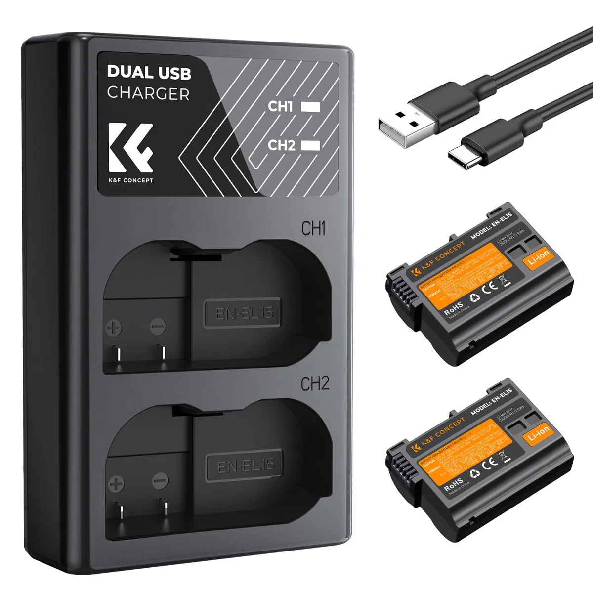 K&F CONCEPT EN-EL15/EN-EL15A/EN-EL15B Akkus kompatibel mit Nikon DSLR D7000/D7100/D7200/D7500/D850/ D810/A/ D800/E/ D750/D610/D600/D500 (2-teiliges Paket, DUAL USB-Ladegerät, 2100mAh Akku)